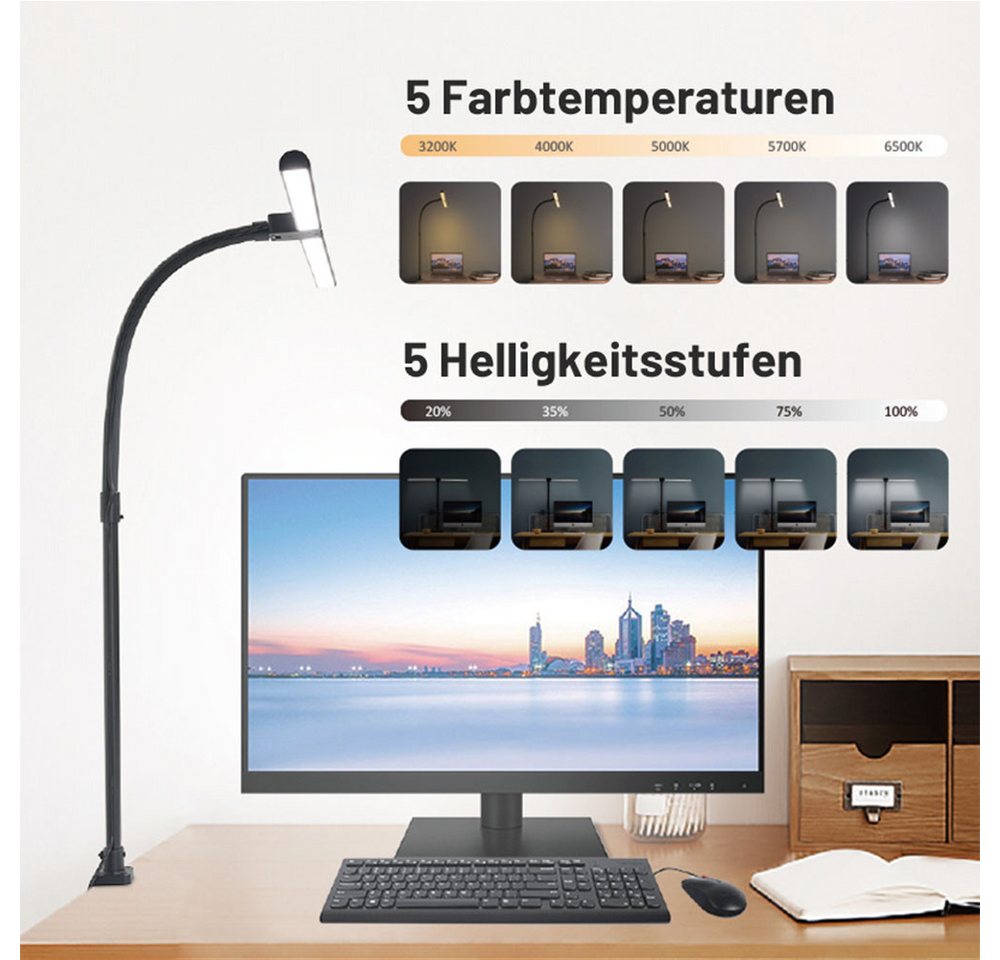 Lapamax LED Schreibtischlampe Schreibtischlampe LED Dimmbar Doppelkopf Klemmbar mit Fernbedienung, 24W, 80CM, 5 Farben und 5 Helligkeitsstufen, Augenschutz Monitor Lampe Tageslichtlampe Leser Architekenden Büro Bild 3