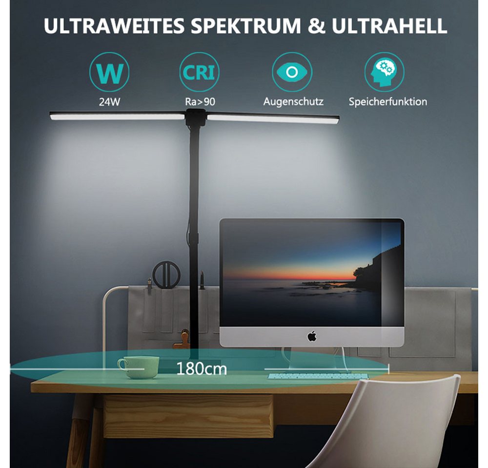 Lapamax LED Schreibtischlampe Schreibtischlampe LED Dimmbar Doppelkopf Klemmbar mit Fernbedienung, 24W, 80CM, 5 Farben und 5 Helligkeitsstufen, Augenschutz Monitor Lampe Tageslichtlampe Leser Architekenden Büro Bild 4