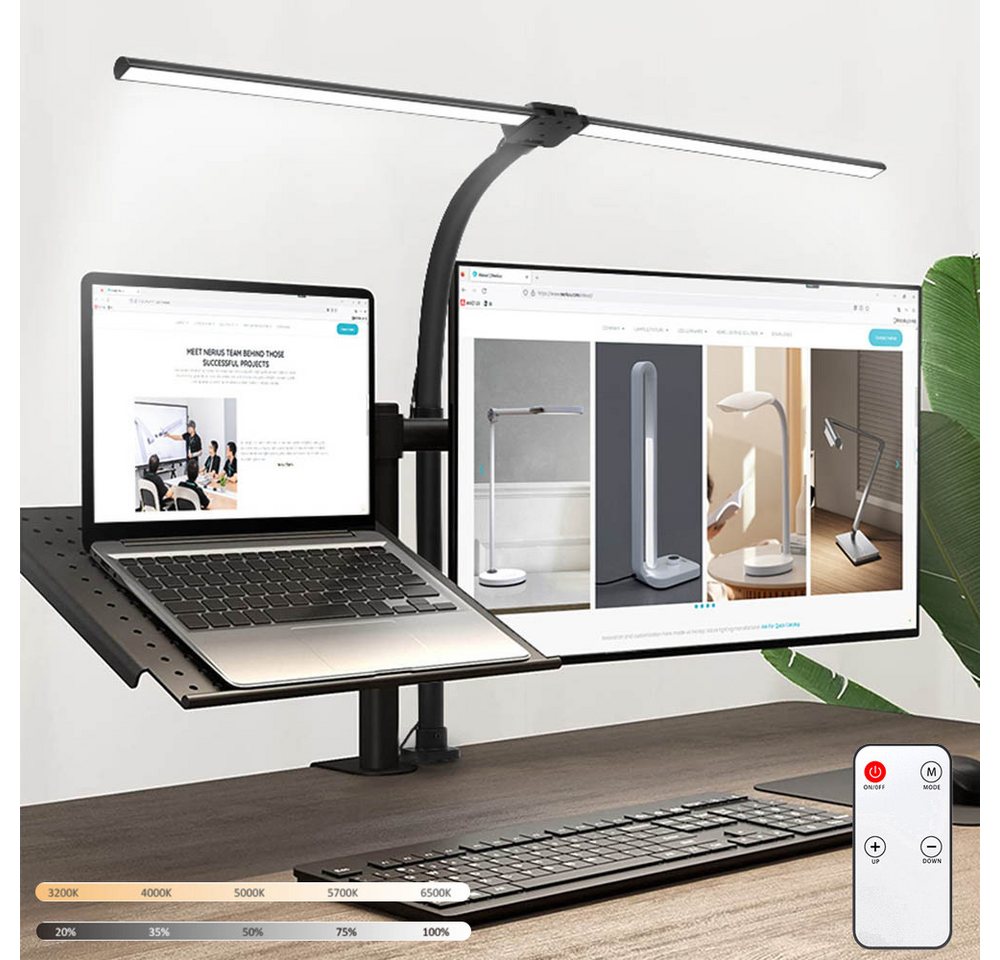 Lapamax LED Schreibtischlampe Schreibtischlampe LED Dimmbar Doppelkopf Klemmbar mit Fernbedienung, 24W, 80CM, 5 Farben und 5 Helligkeitsstufen, Augenschutz Monitor Lampe Tageslichtlampe Leser Architekenden Büro Bild 5
