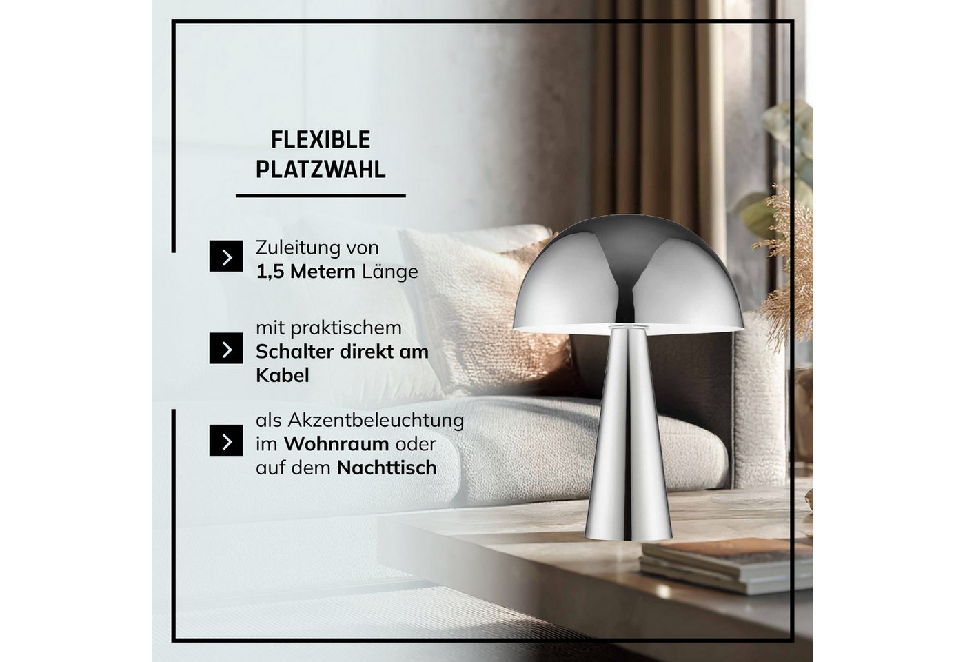 Lightbox Tischleuchte, ohne Leuchtmittel, Pilz Tischleuchte, 33 cm, Ø 25 cm, E14, max. 20 W, Metall, chromfarben Bild 2