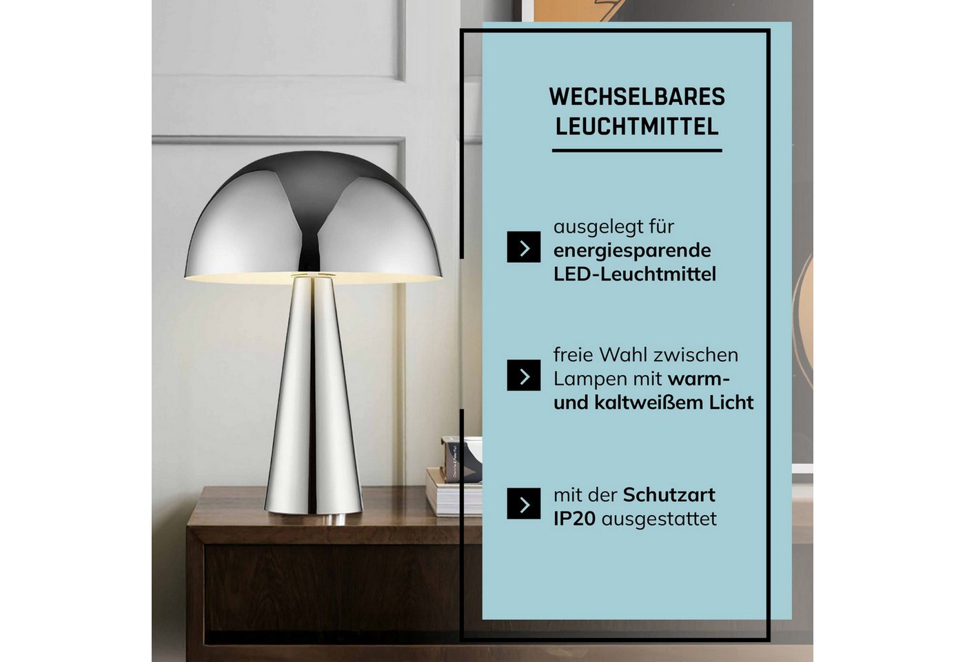 Lightbox Tischleuchte, ohne Leuchtmittel, Pilz Tischleuchte, 33 cm, Ø 25 cm, E14, max. 20 W, Metall, chromfarben Bild 3