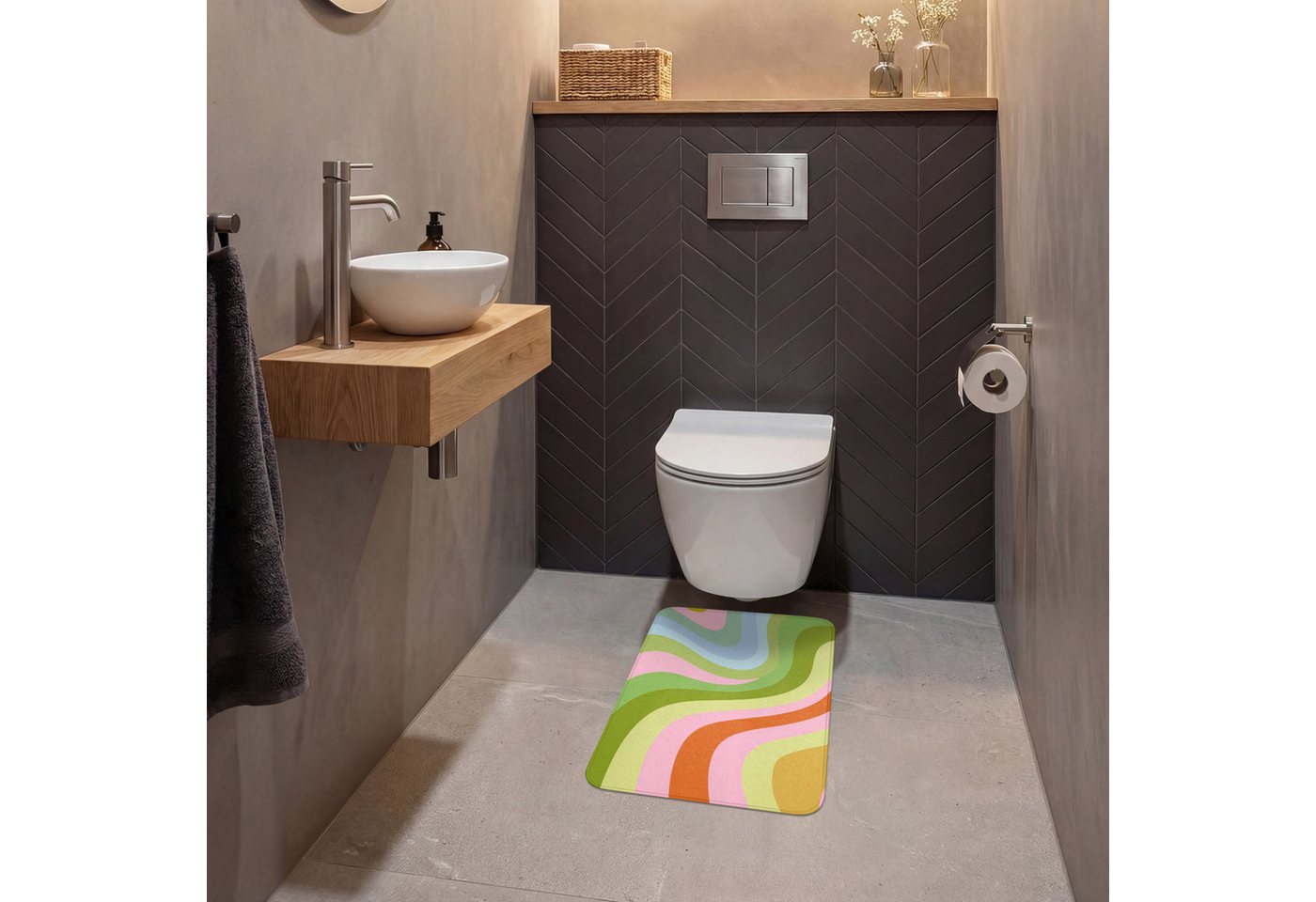 OnlyWow WC-Vorleger Linien - Pastelltöne - Wellenförmig, Höhe 10 mm, Polyester, Rechteckig, WC Teppich, Toilettenvorleger, Toilettenteppich, Badematte 40x60 cm Bild 3