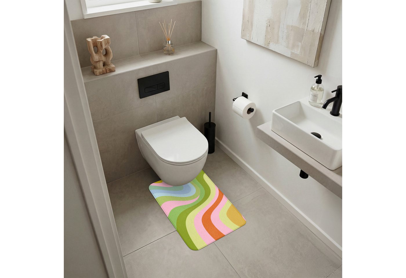 OnlyWow WC-Vorleger Linien - Pastelltöne - Wellenförmig, Höhe 10 mm, Polyester, Rechteckig, WC Teppich, Toilettenvorleger, Toilettenteppich, Badematte 40x60 cm Bild 5