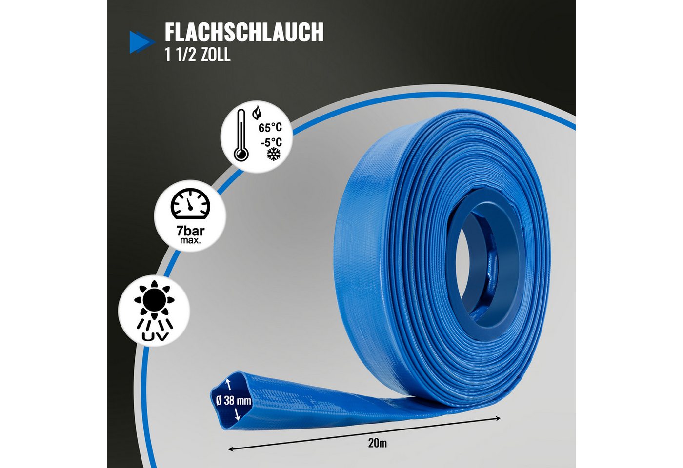 Poppstar Gartenschlauch, PVC Flachschlauch 20m, Ø 38mm (1 1/2 Zoll), 7 bar, blau Bild 3