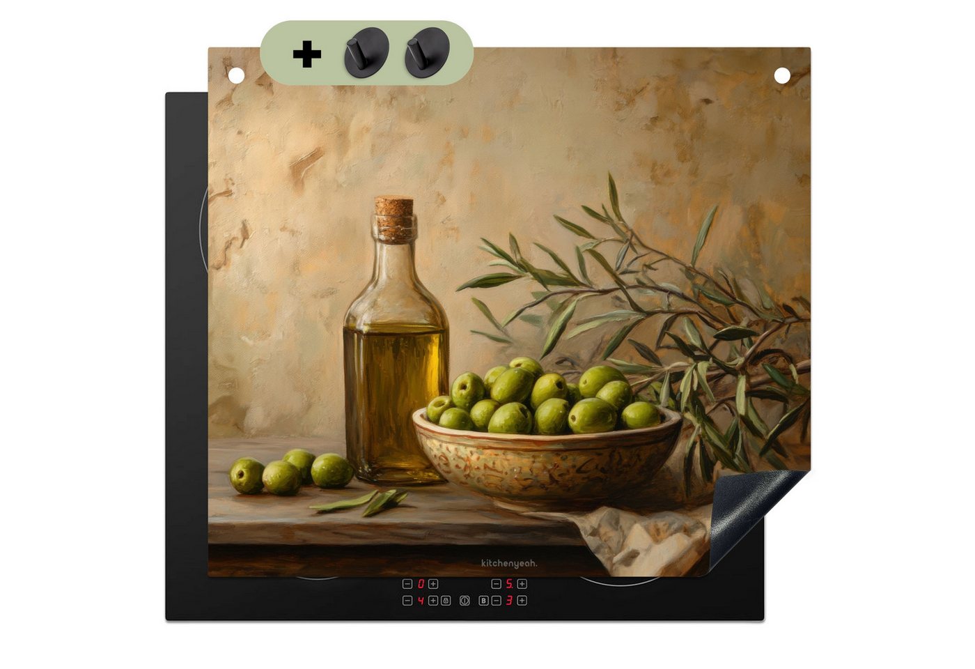 KitchenYeah Küchenrückwand Oliven - Stilleben - Vintage, (1-tlg), Ceranfeldabdeckung Küche, Herdabdeckplatte und Spritzschutz, 60x52 cm Bild 2