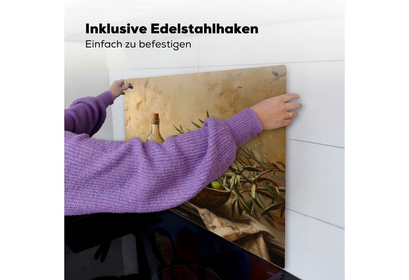 KitchenYeah Küchenrückwand Oliven - Stilleben - Vintage, (1-tlg), Ceranfeldabdeckung Küche, Herdabdeckplatte und Spritzschutz, 60x52 cm Bild 3