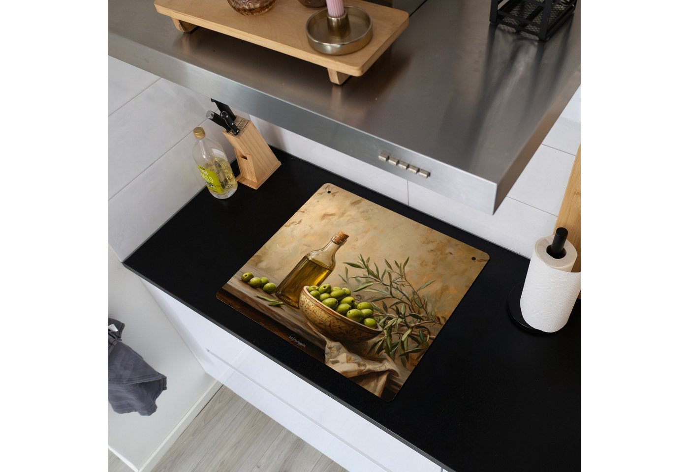 KitchenYeah Küchenrückwand Oliven - Stilleben - Vintage, (1-tlg), Ceranfeldabdeckung Küche, Herdabdeckplatte und Spritzschutz, 60x52 cm Bild 5