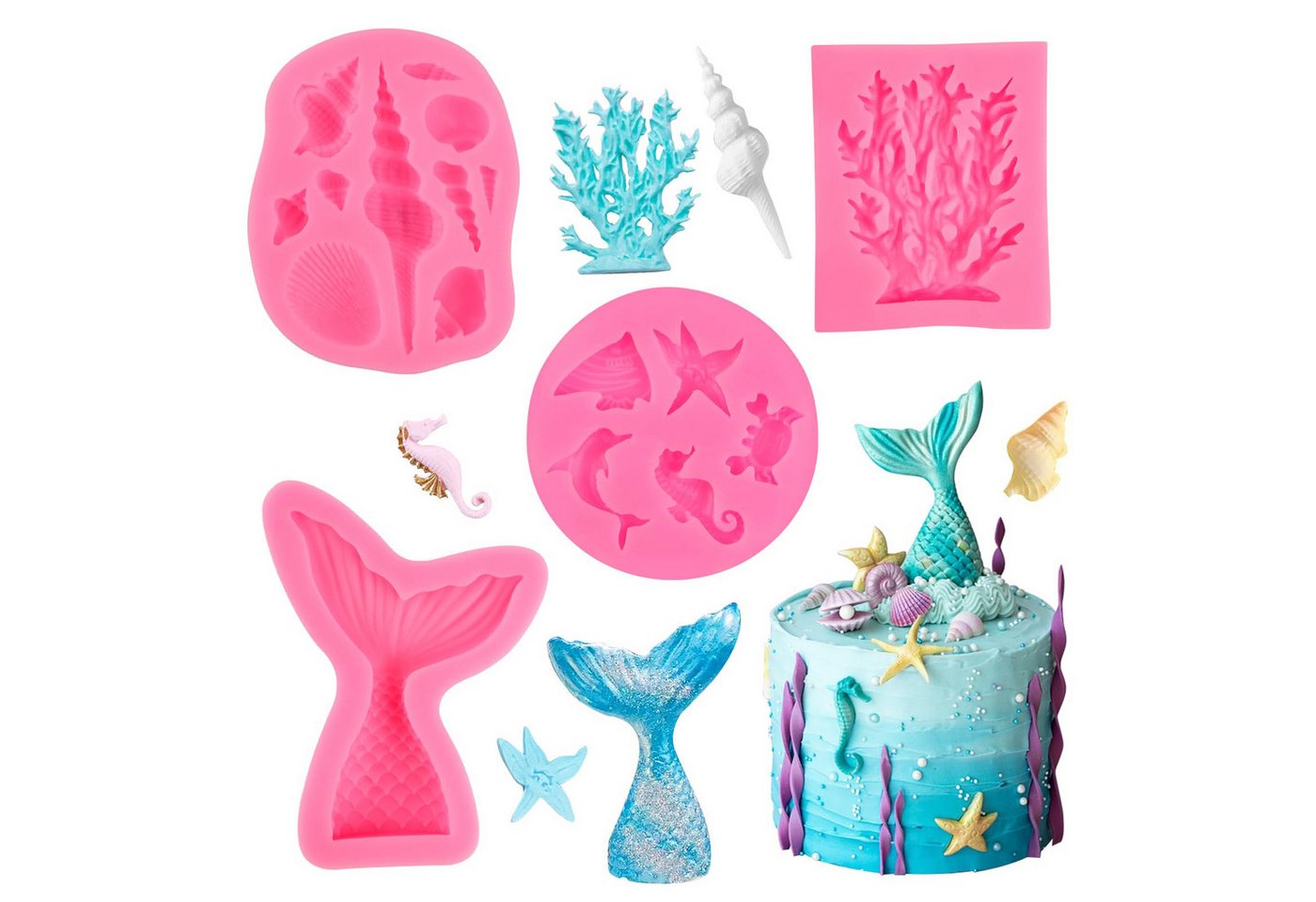 FOUORTUNATE-BEE Silikonform 4-teiliges Silikonformen Set mit Meerjungfrau- und Meerestiermotiven, (Fondantform Silikon Backform für Kuchen, Schokolade, Süßigkeiten, Seife und Desserts 4-tlg)