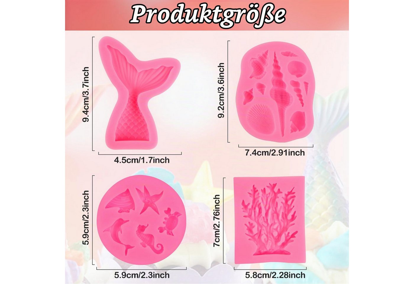 FOUORTUNATE-BEE Silikonform 4-teiliges Silikonformen Set mit Meerjungfrau- und Meerestiermotiven, (Fondantform Silikon Backform für Kuchen, Schokolade, Süßigkeiten, Seife und Desserts 4-tlg) Bild 3