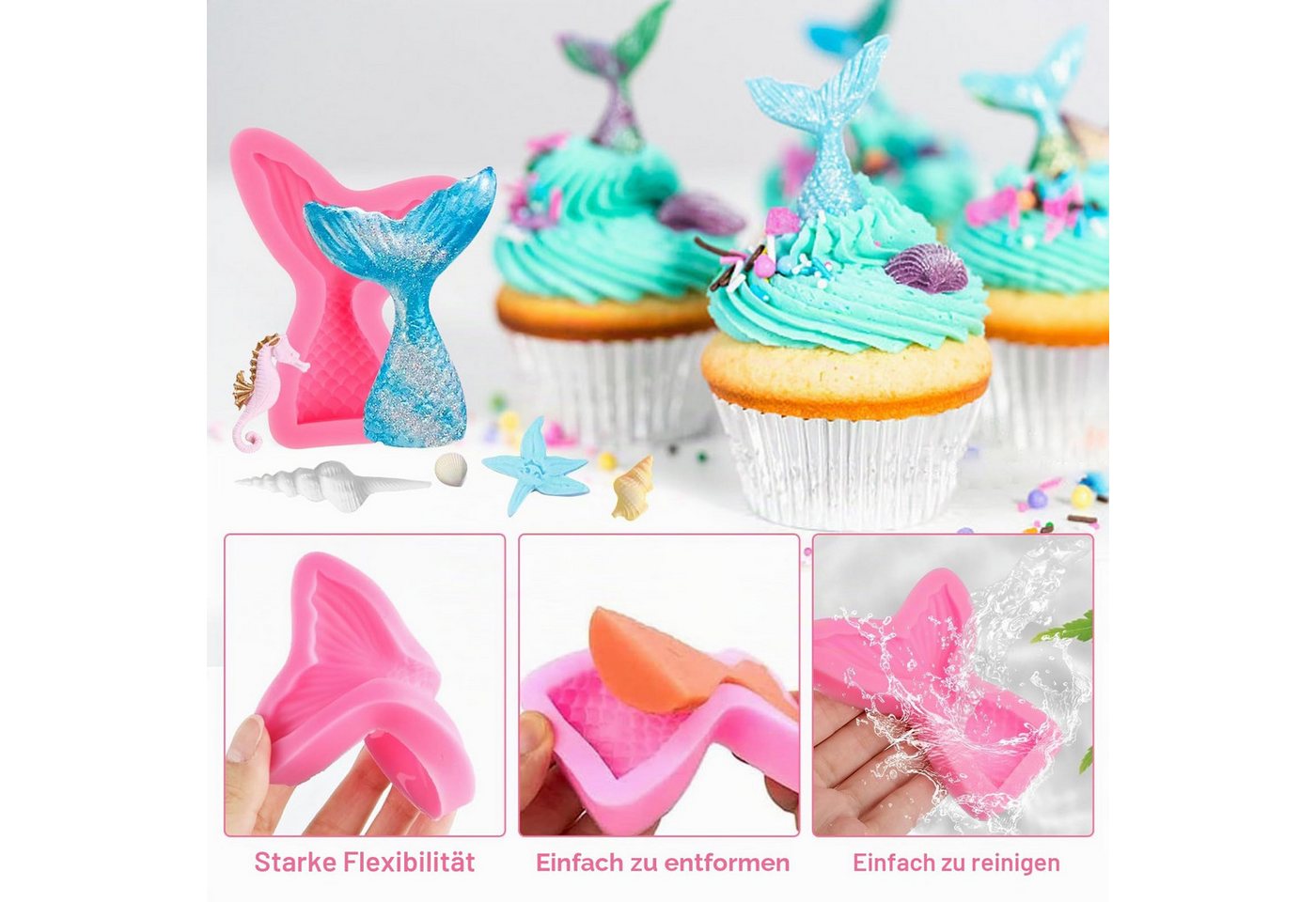 FOUORTUNATE-BEE Silikonform 4-teiliges Silikonformen Set mit Meerjungfrau- und Meerestiermotiven, (Fondantform Silikon Backform für Kuchen, Schokolade, Süßigkeiten, Seife und Desserts 4-tlg) Bild 4