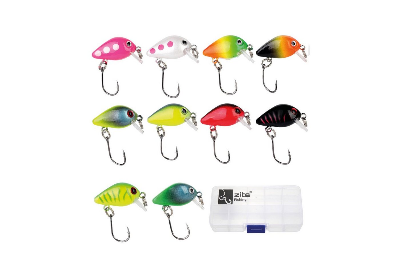 Zite Kunstköder Neon Mini-Wobbler-Set 1,8 g 2,8 cm mit 3D-Augen UV-Aktiv 10 Stück