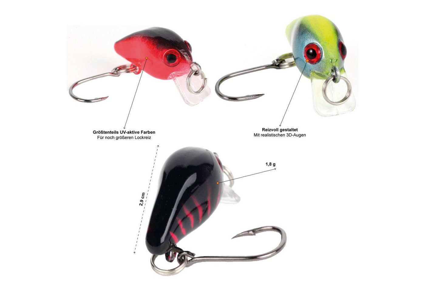 Zite Kunstköder Neon Mini-Wobbler-Set 1,8 g 2,8 cm mit 3D-Augen UV-Aktiv 10 Stück Bild 5