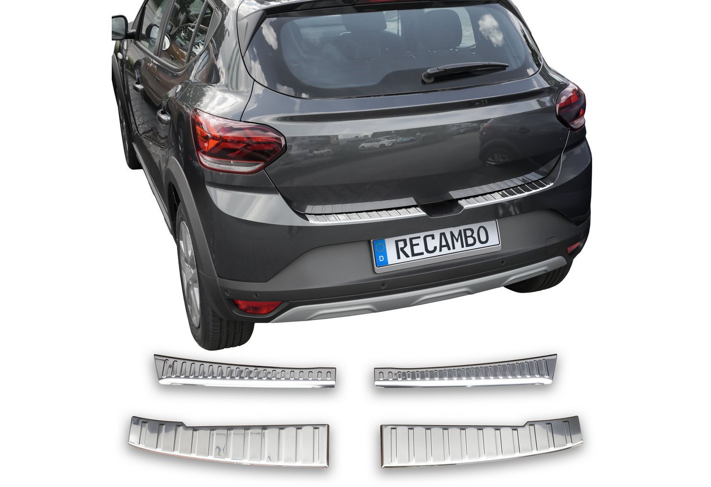 RECAMBO Ladekantenschutz für Dacia Sandero III, DJF, BJ ab 2021> Stoßstangenschutz, V2A rostfrei, Exklusive Optik, praktischer Schutz & perfekte Passform