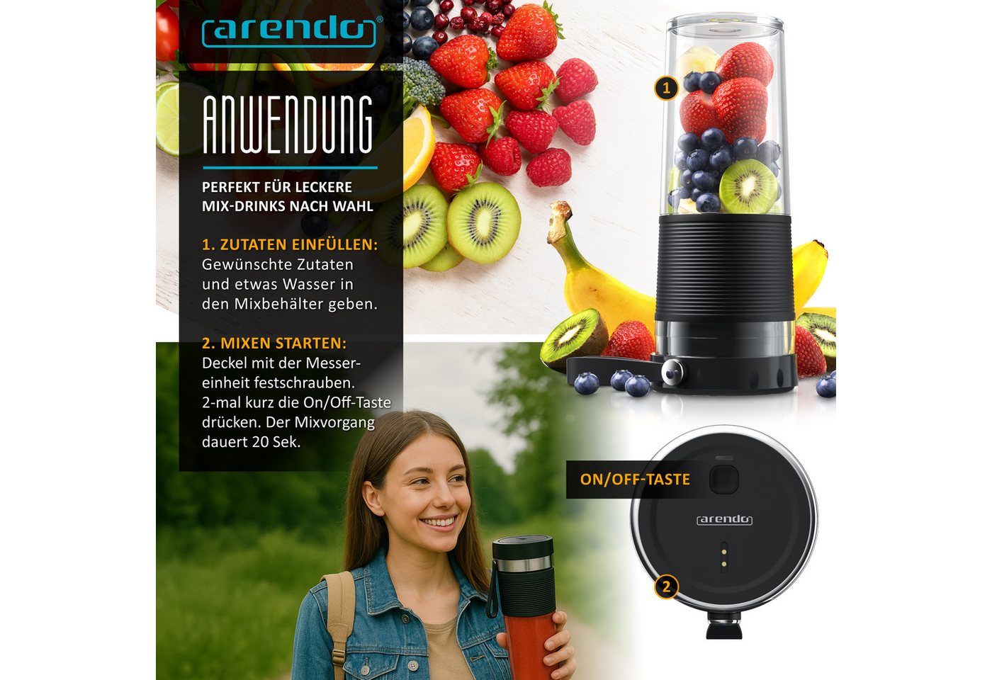 Arendo Smoothie-Maker 2GO mit Akku, Mobiler mini Standmixer, kompakter tragbarer Mixer, 100 W, Blender ideal für Smoothies Protein-Shakes für unterwegs Reisen Urlaub Bild 2