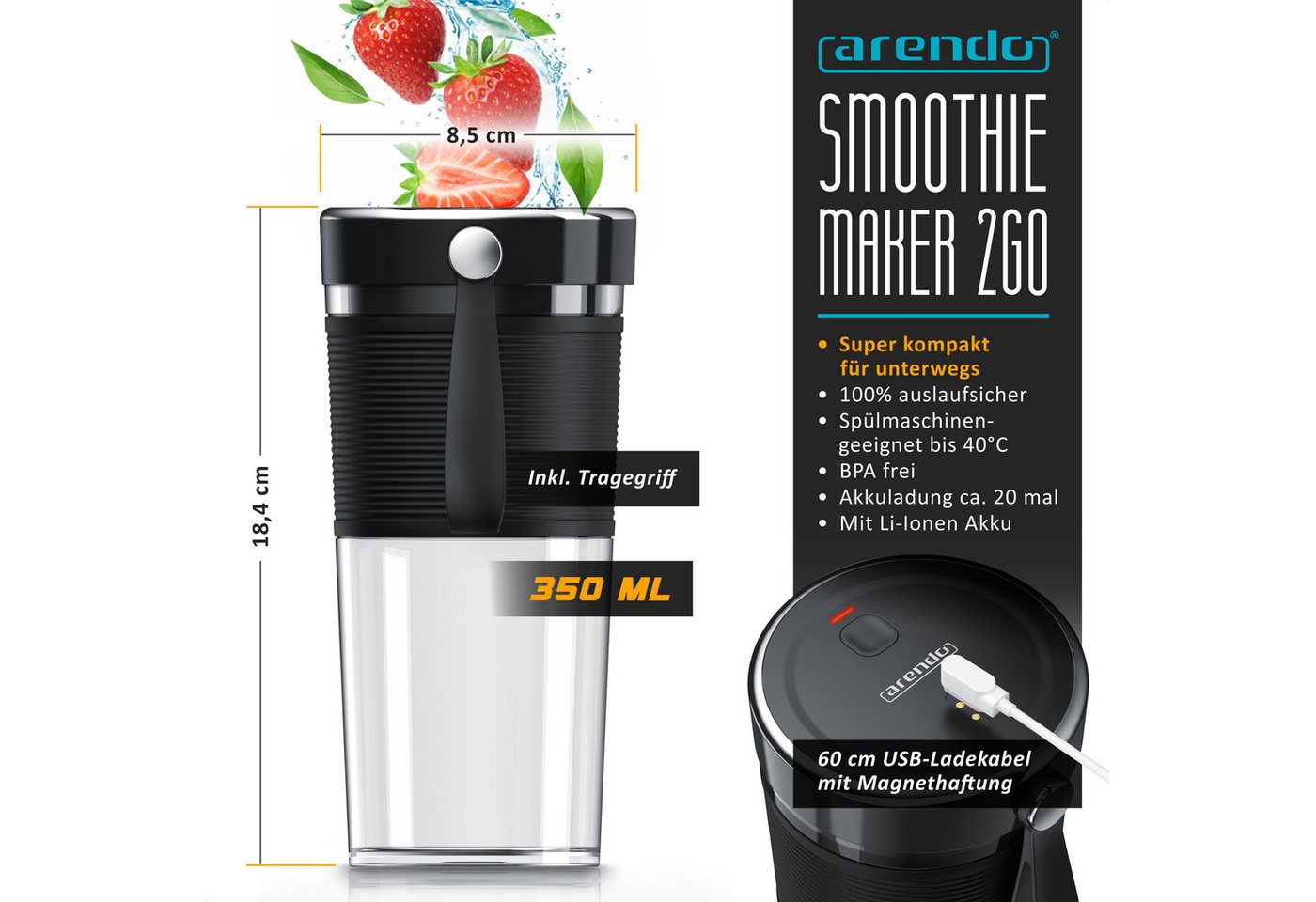 Arendo Smoothie-Maker 2GO mit Akku, Mobiler mini Standmixer, kompakter tragbarer Mixer, 100 W, Blender ideal für Smoothies Protein-Shakes für unterwegs Reisen Urlaub Bild 4