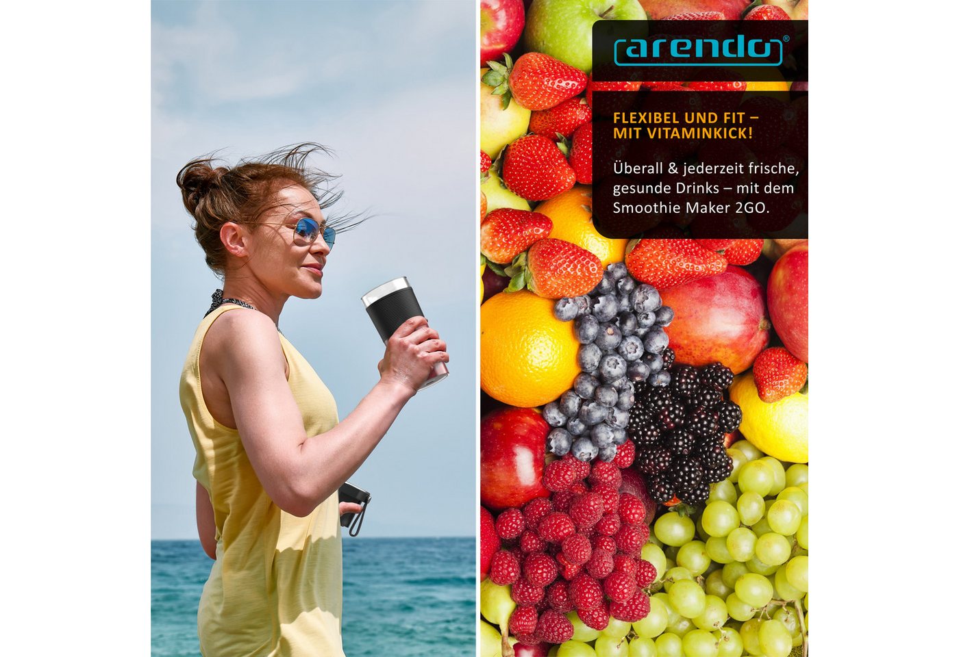 Arendo Smoothie-Maker 2GO mit Akku, Mobiler mini Standmixer, kompakter tragbarer Mixer, 100 W, Blender ideal für Smoothies Protein-Shakes für unterwegs Reisen Urlaub Bild 5