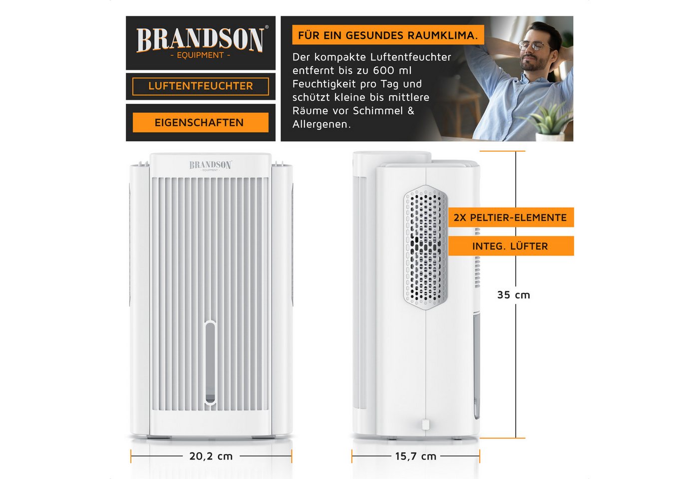 Brandson Luftentfeuchter elektrisch, Wassertank 2000 ml, Raumentfeuchter, klein & leise, für 20 m³ Räume, Entfeuchtung 0,6 l/Tag, Tank 0,6 l, für Keller, Entfeuchter Peltier Dehumidifier für Wohnung, Badezimmer