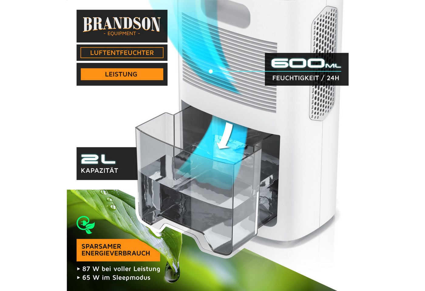 Brandson Luftentfeuchter elektrisch, Wassertank 2000 ml, Raumentfeuchter, klein & leise, für 20 m³ Räume, Entfeuchtung 0,6 l/Tag, Tank 0,6 l, für Keller, Entfeuchter Peltier Dehumidifier für Wohnung, Badezimmer Bild 5