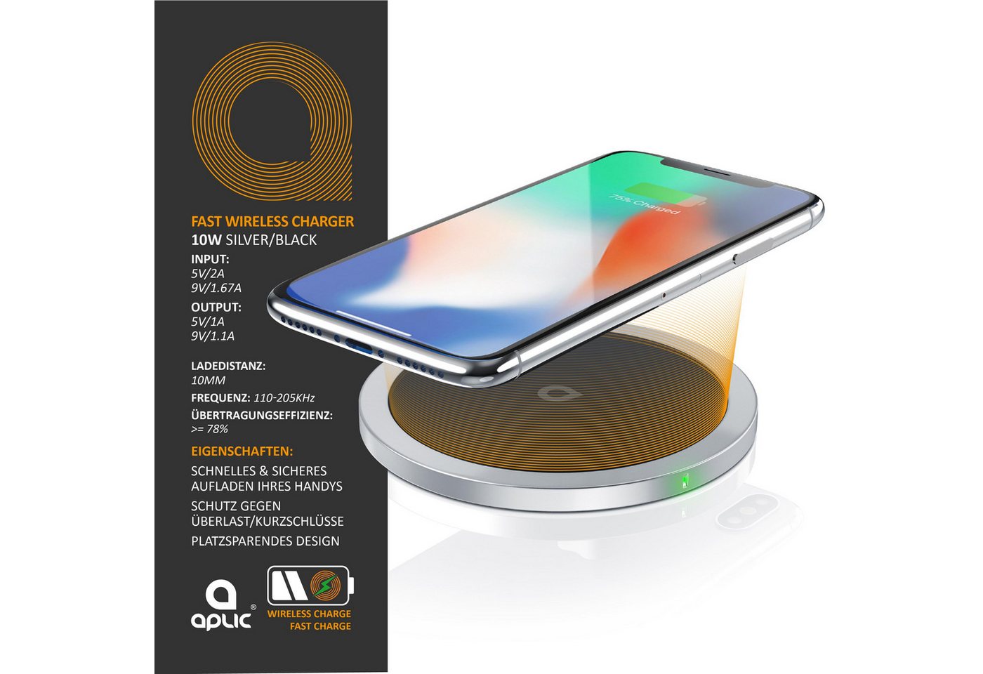 Aplic Schnelles Kabelloses Ladepad, Qi-Zertifiziert, Fast Wireless Charger Induktions-Ladegerät (10W Max, kompatibel mit iPhone, Samsung, Xiaomi, Huawei, Google, Honor)