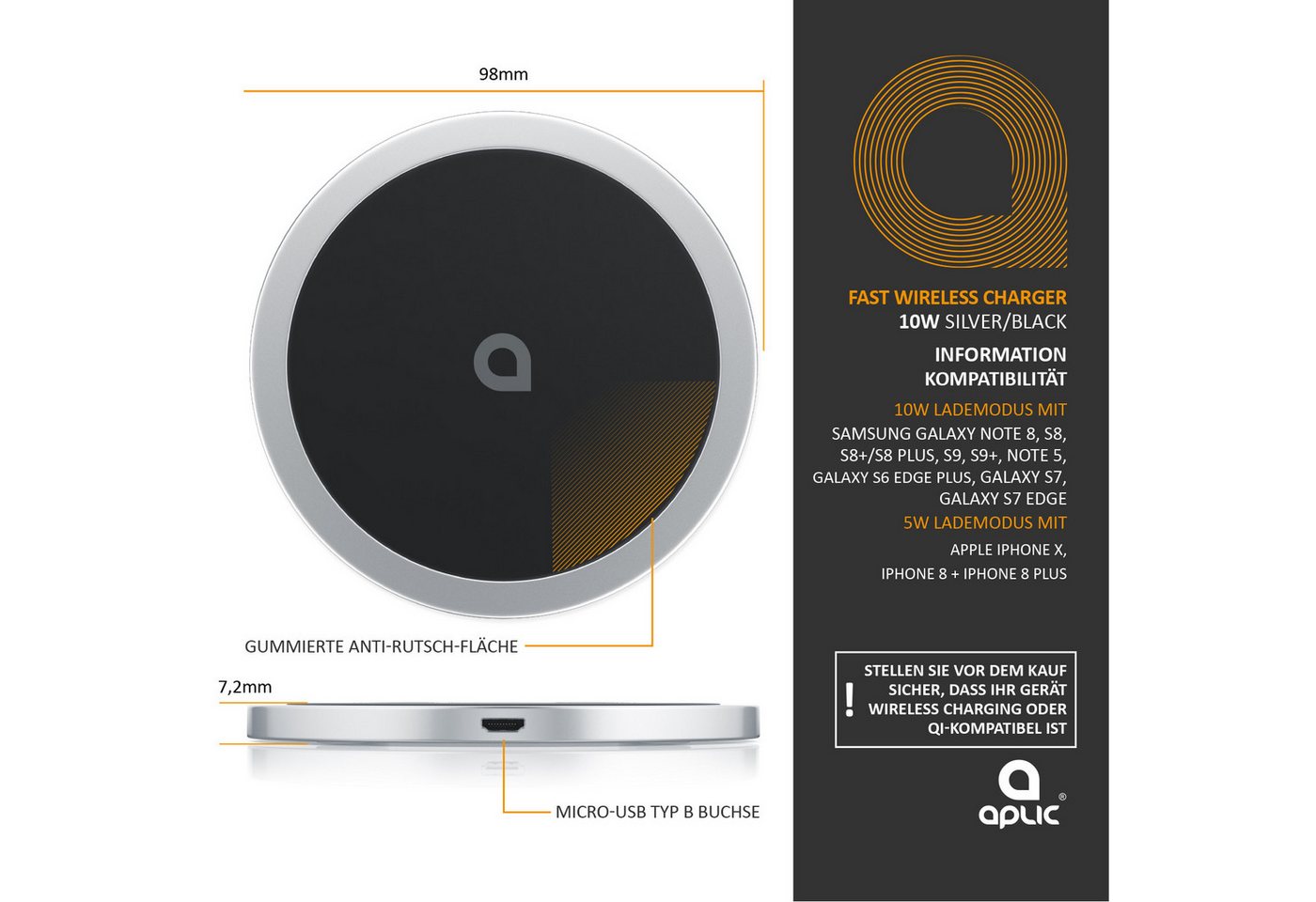 Aplic Schnelles Kabelloses Ladepad, Qi-Zertifiziert, Fast Wireless Charger Induktions-Ladegerät (10W Max, kompatibel mit iPhone, Samsung, Xiaomi, Huawei, Google, Honor) Bild 2