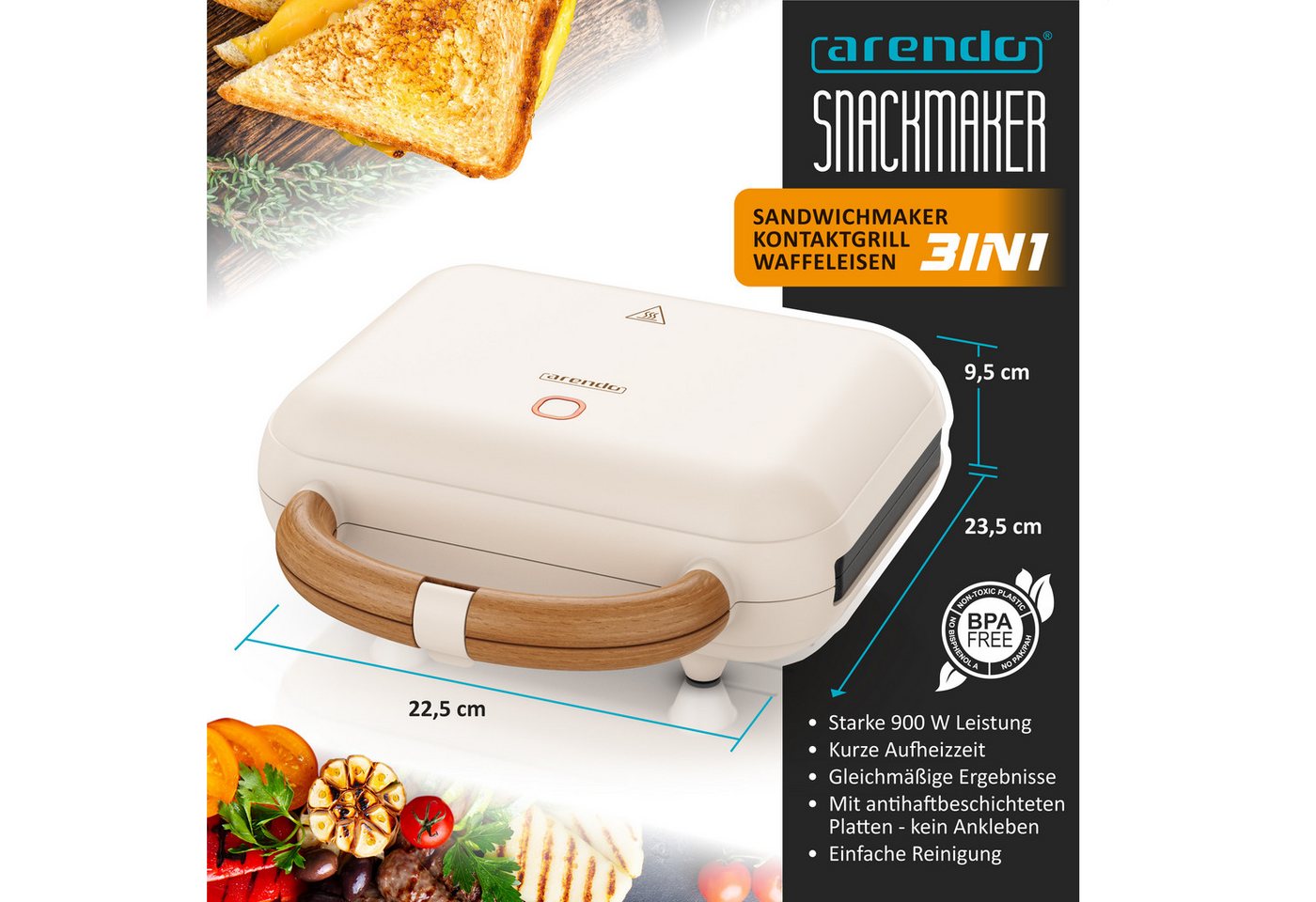 Arendo 3-in-1-Sandwichmaker 3in1 Sandwichmaker, Waffeleisen & Kontaktgrill mit Wechselplatten, 900 W, 2 Zonen Panini Grill mit Wechselplatten & Temperaturkontrolle BPA-frei