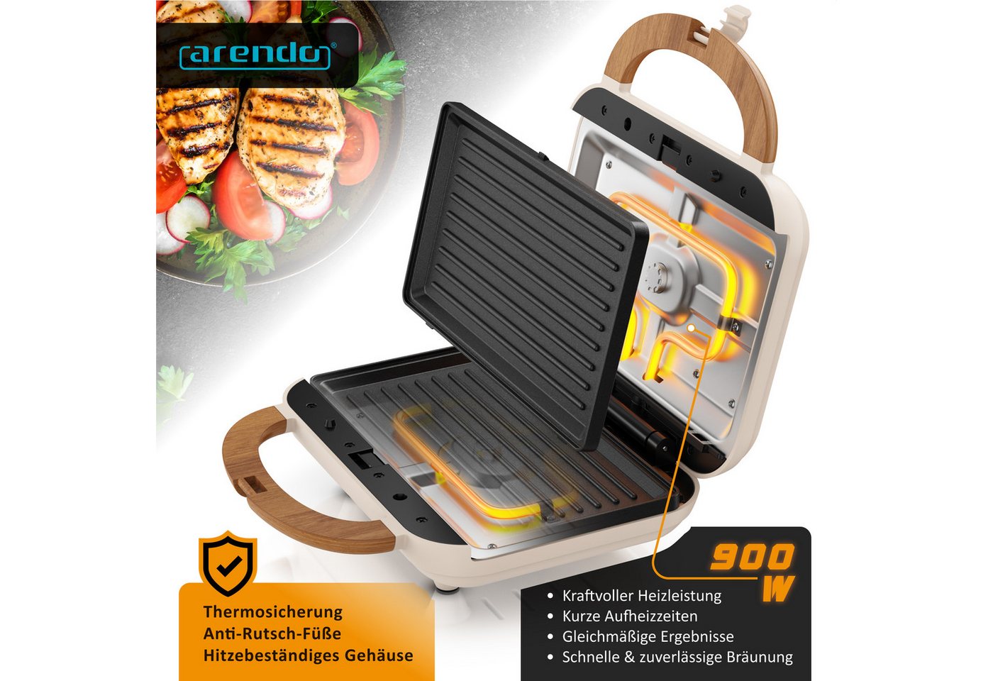 Arendo 3-in-1-Sandwichmaker 3in1 Sandwichmaker, Waffeleisen & Kontaktgrill mit Wechselplatten, 900 W, 2 Zonen Panini Grill mit Wechselplatten & Temperaturkontrolle BPA-frei Bild 2