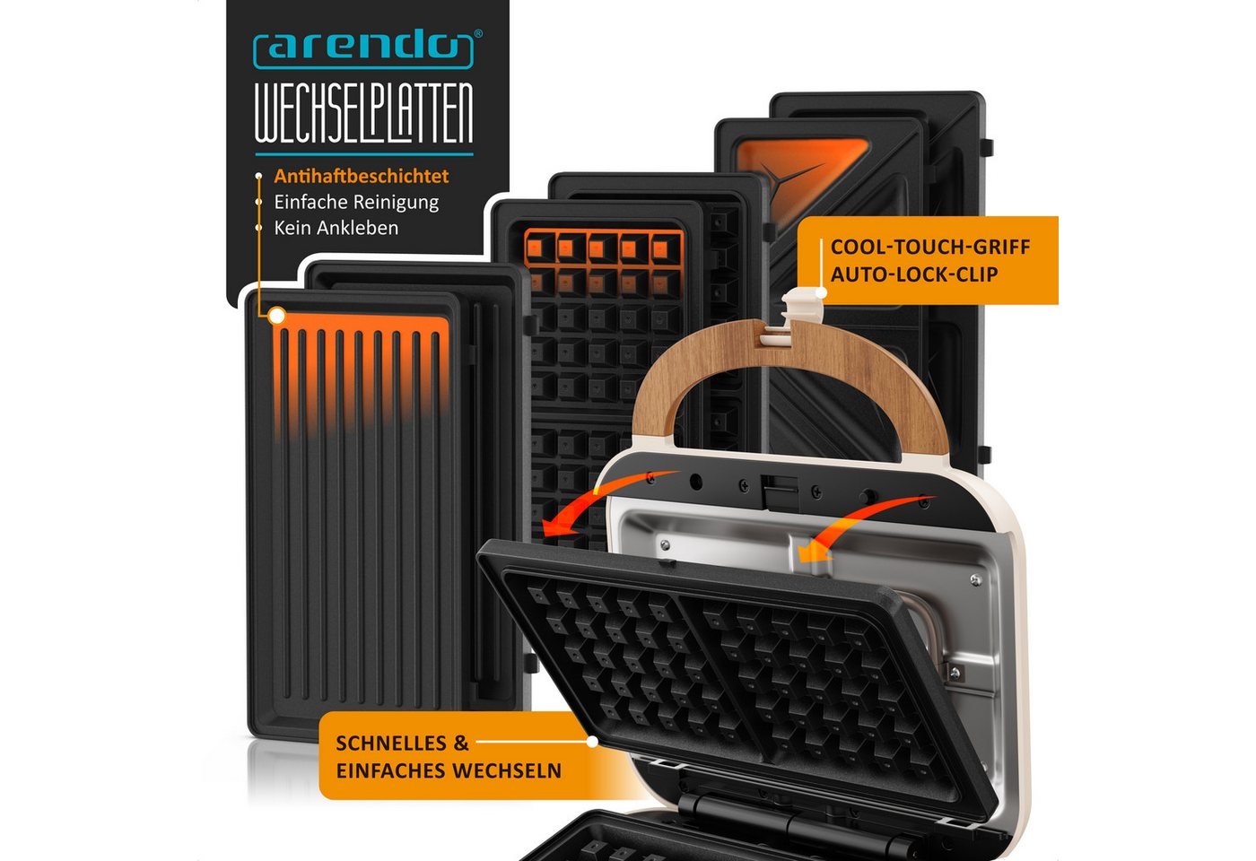 Arendo 3-in-1-Sandwichmaker 3in1 Sandwichmaker, Waffeleisen & Kontaktgrill mit Wechselplatten, 900 W, 2 Zonen Panini Grill mit Wechselplatten & Temperaturkontrolle BPA-frei Bild 3