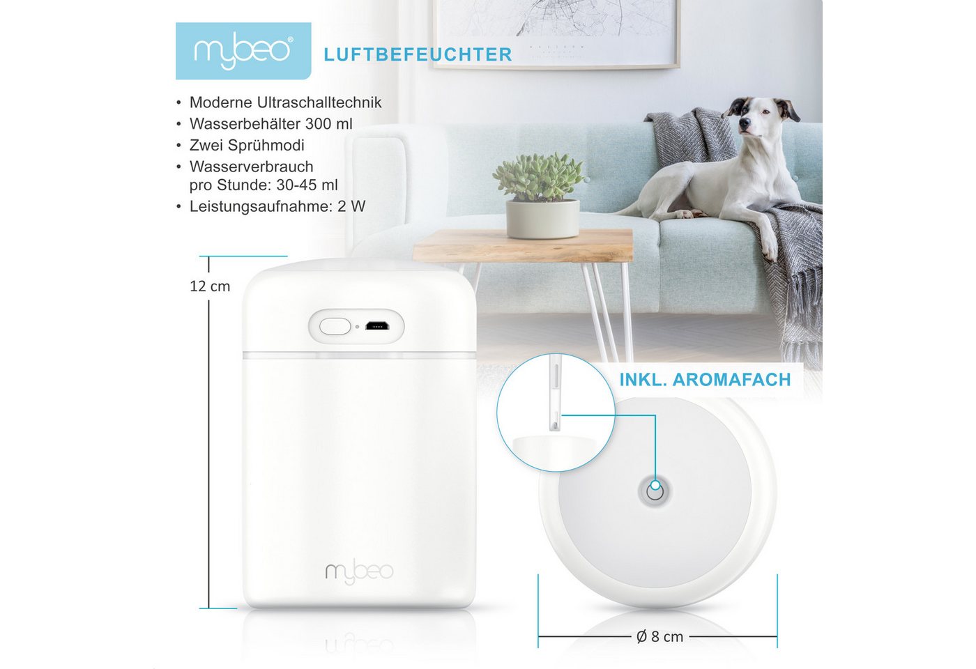 MyBeo Luftbefeuchter Mini mit Aromadiffusor, LED-Farben, 300 ml, 2 Sprühmodi, 0.3 l Wassertank, Abschaltautomatik, USB-Betrieb, leise, Aromafach, Schlafzimmer, Büro