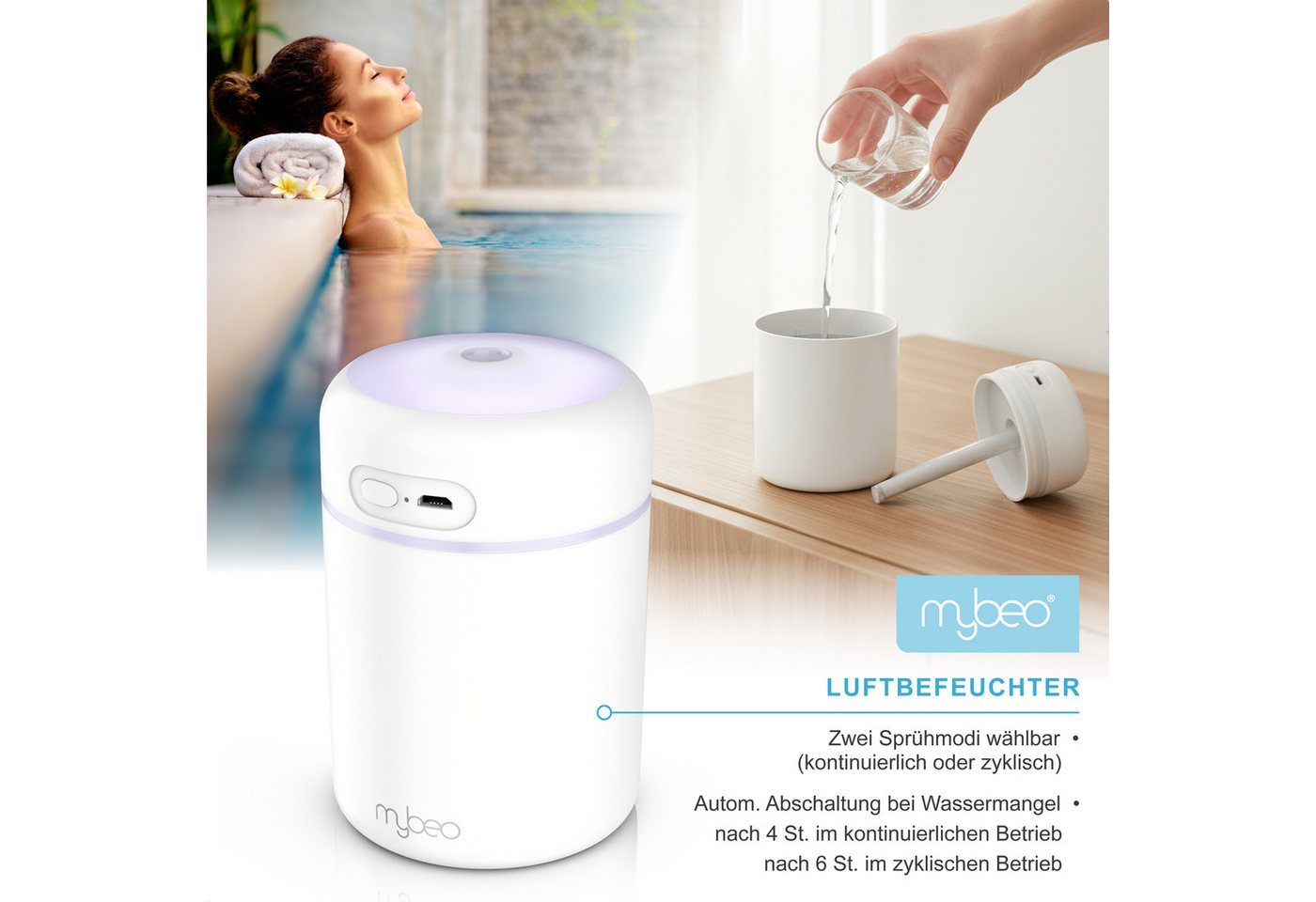 MyBeo Luftbefeuchter Mini mit Aromadiffusor, LED-Farben, 300 ml, 2 Sprühmodi, 0.3 l Wassertank, Abschaltautomatik, USB-Betrieb, leise, Aromafach, Schlafzimmer, Büro Bild 2