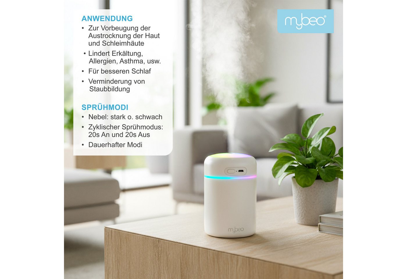 MyBeo Luftbefeuchter Mini mit Aromadiffusor, LED-Farben, 300 ml, 2 Sprühmodi, 0.3 l Wassertank, Abschaltautomatik, USB-Betrieb, leise, Aromafach, Schlafzimmer, Büro Bild 3
