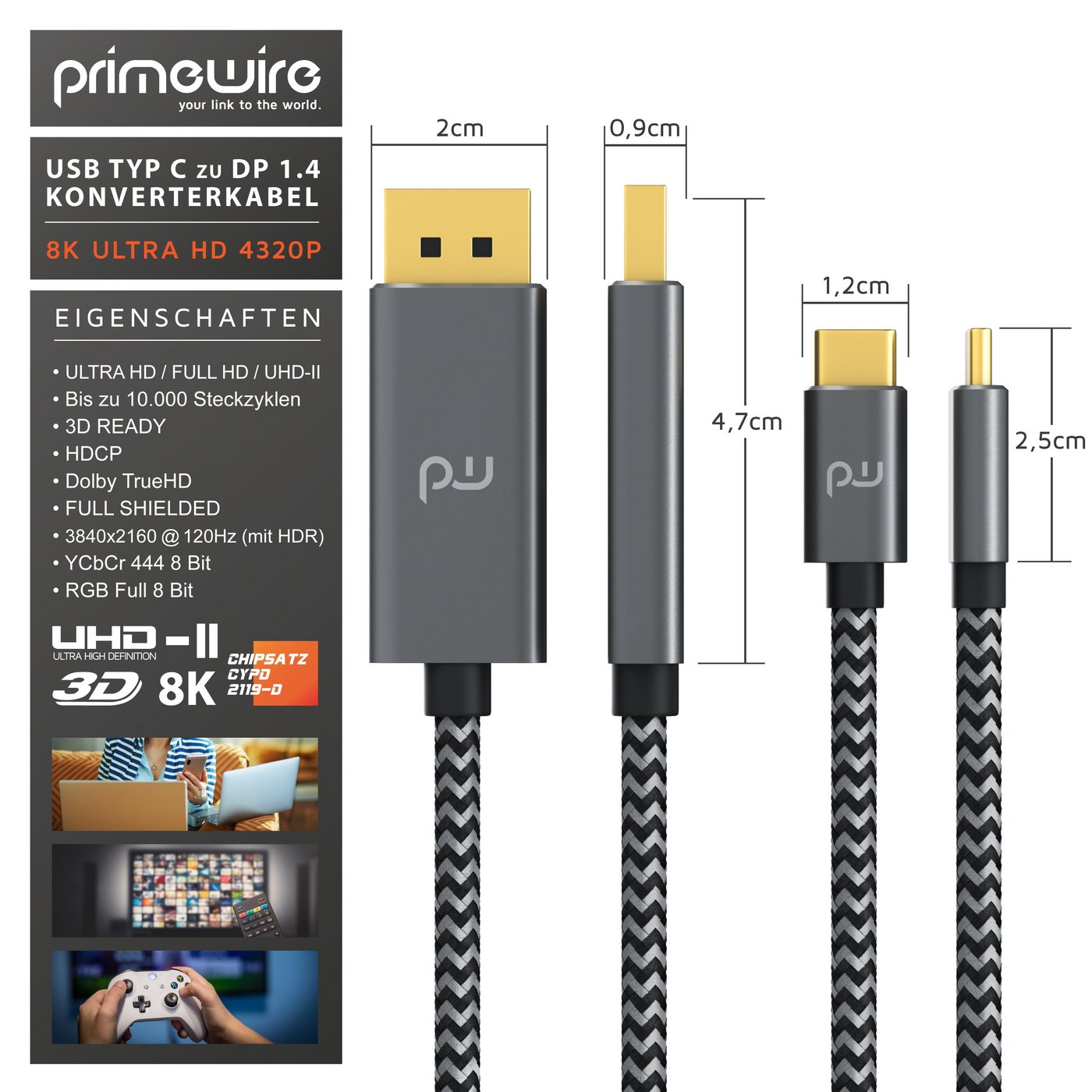 Primewire USB-C auf DisplayPort Kabel 1 m, 4K UHD 120 Hz Audio- & Video-Kabel, DisplayPort, USB-C (100 cm), USB Typ C zu DP Konverterkabel Adapterkabel 8K 7680 × 4320 @30 Hz - 1m Bild 2
