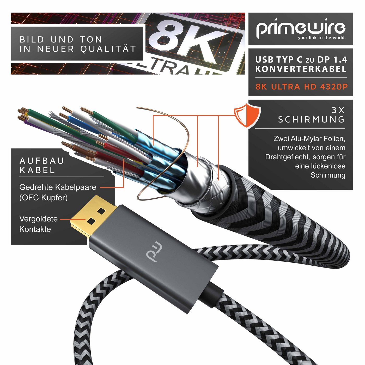 Primewire USB-C auf DisplayPort Kabel 1 m, 4K UHD 120 Hz Audio- & Video-Kabel, DisplayPort, USB-C (100 cm), USB Typ C zu DP Konverterkabel Adapterkabel 8K 7680 × 4320 @30 Hz - 1m Bild 3