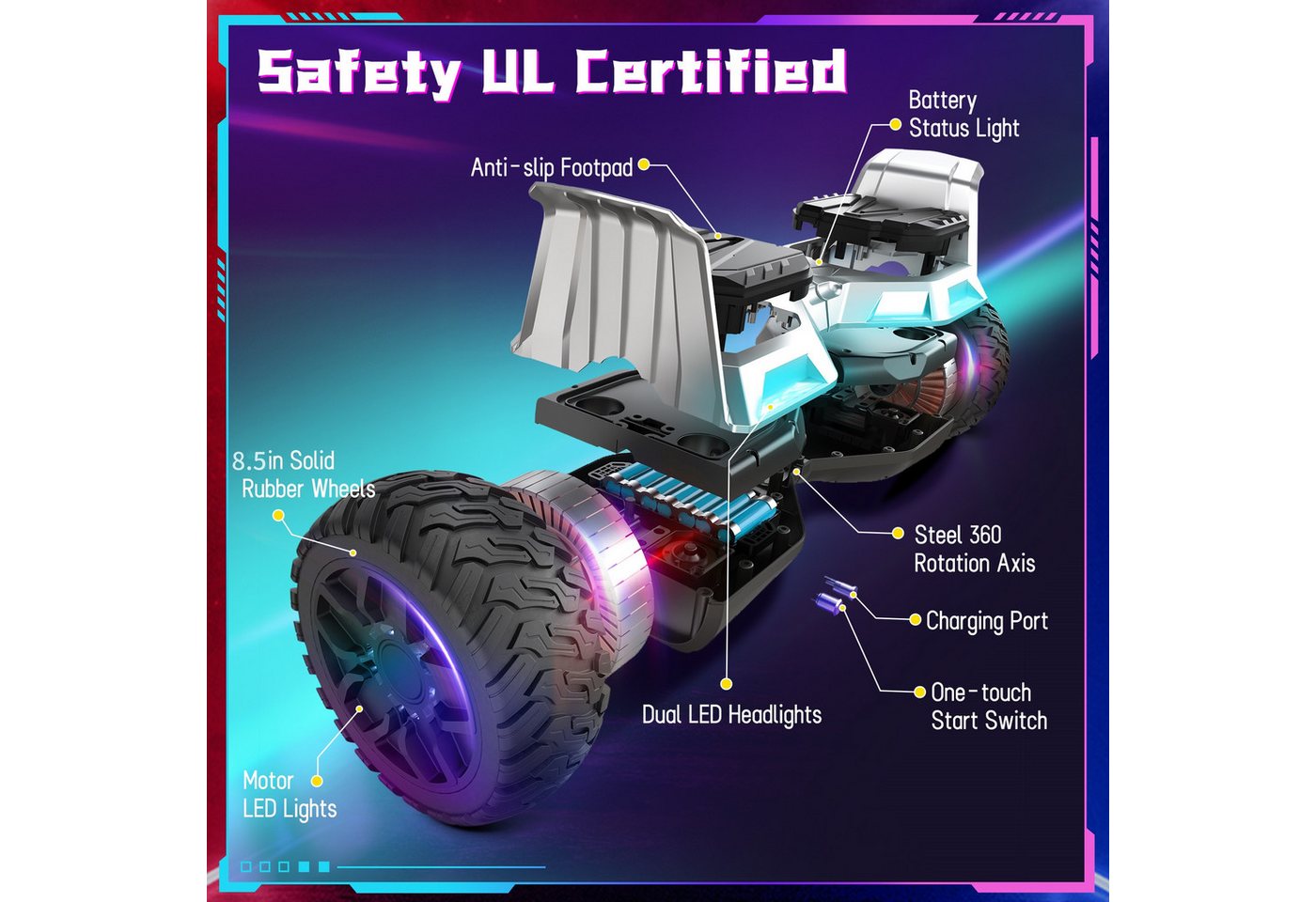 SISIGAD Balance Scooter 8,5'' Dualmotorräder, Hoverboard mit LED-Licht, Smart Bluetooth, 10 km/h, Hoverboard mit LED Lichter Bluetooth,Geschenk für Kinder Bild 2