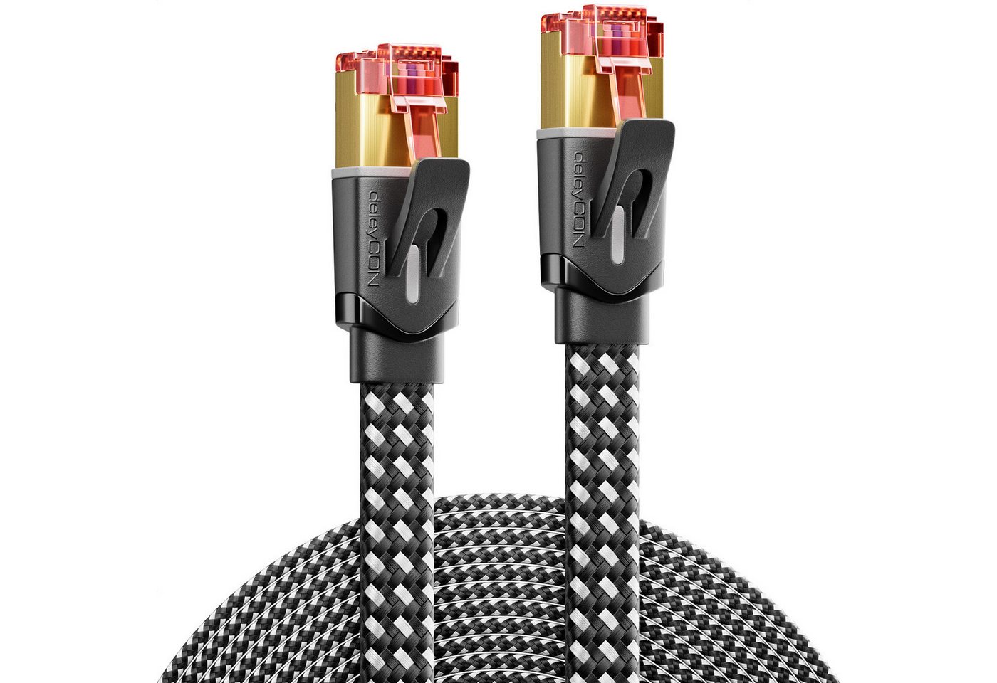 deleyCON 15m CAT7 Patchkabel Flachkabel RJ45 Nylon Netzwerkkabel Flach LAN DSL LAN-Kabel