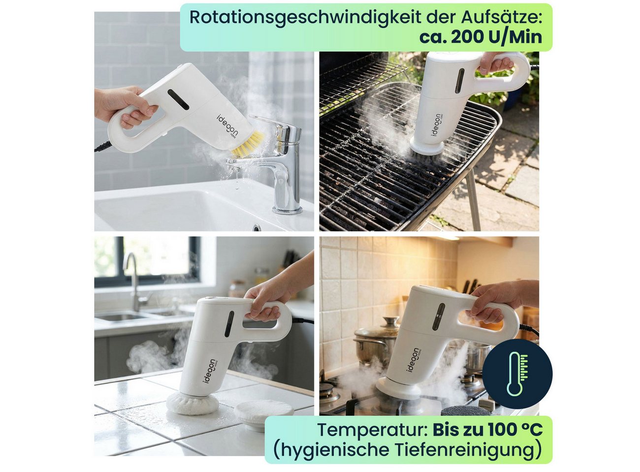 shop'n smile ideoon Dampfreiniger Leistungsstarker 3in1 Dampfreiniger & Dampfbesen 1200W 200 ml IP20, 1200 W, beutellos, LED-Betriebsanzeige, 10 Min. Dampfbetrieb, Aufheizzeit: 15 Sek.
