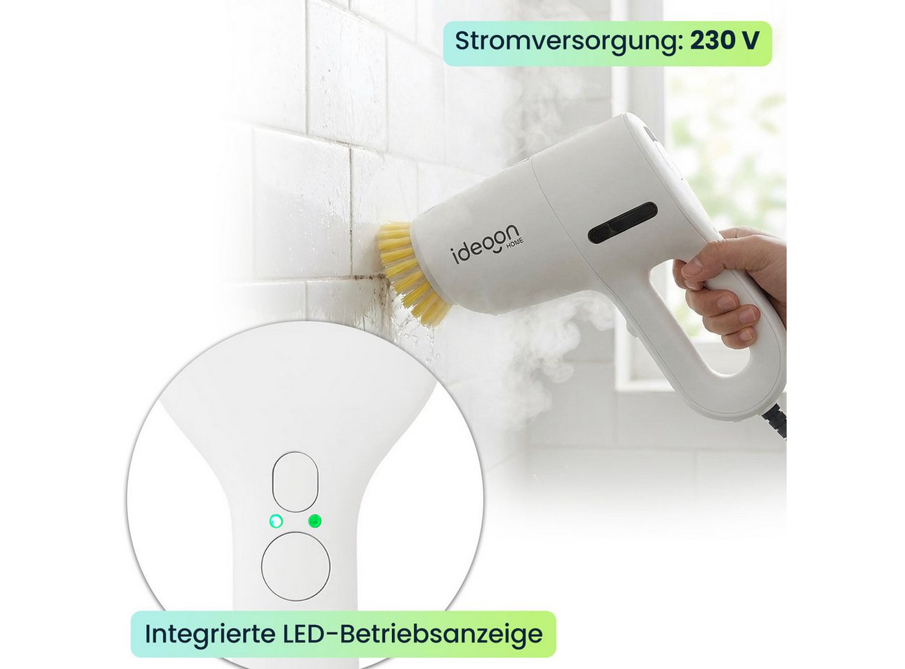 shop'n smile ideoon Dampfreiniger Leistungsstarker 3in1 Dampfreiniger & Dampfbesen 1200W 200 ml IP20, 1200 W, beutellos, LED-Betriebsanzeige, 10 Min. Dampfbetrieb, Aufheizzeit: 15 Sek. Bild 2