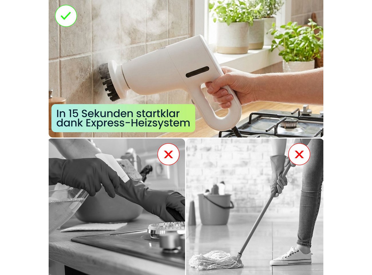 shop'n smile ideoon Dampfreiniger Leistungsstarker 3in1 Dampfreiniger & Dampfbesen 1200W 200 ml IP20, 1200 W, beutellos, LED-Betriebsanzeige, 10 Min. Dampfbetrieb, Aufheizzeit: 15 Sek. Bild 5