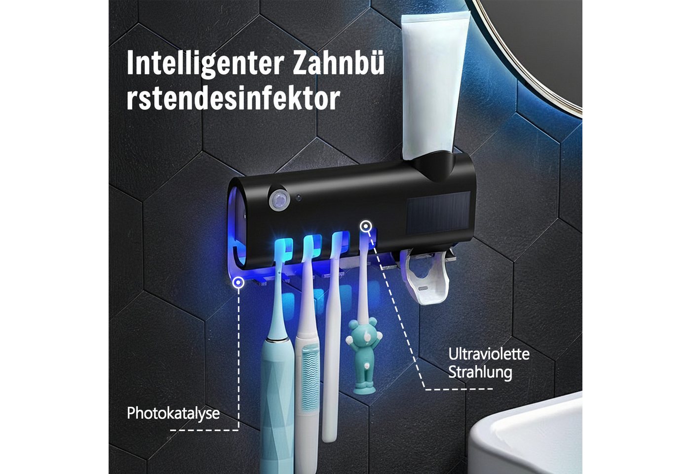 MOPUEA UV-Zahnbürstenhalter Zahnbürstenhalter mit Automatischem Zahnpastaspender UV-Sterilisation, UV-Zahnbürstenhalter mit Sterilisator und Zahnputz-Quetscher, UV-Desinfektion, Solar- &USB-Ladung, Bewegungssensor, einfache Montage, 99,99% Bakterienabtötung, kabellos, feuchtigkeitsbeständig
