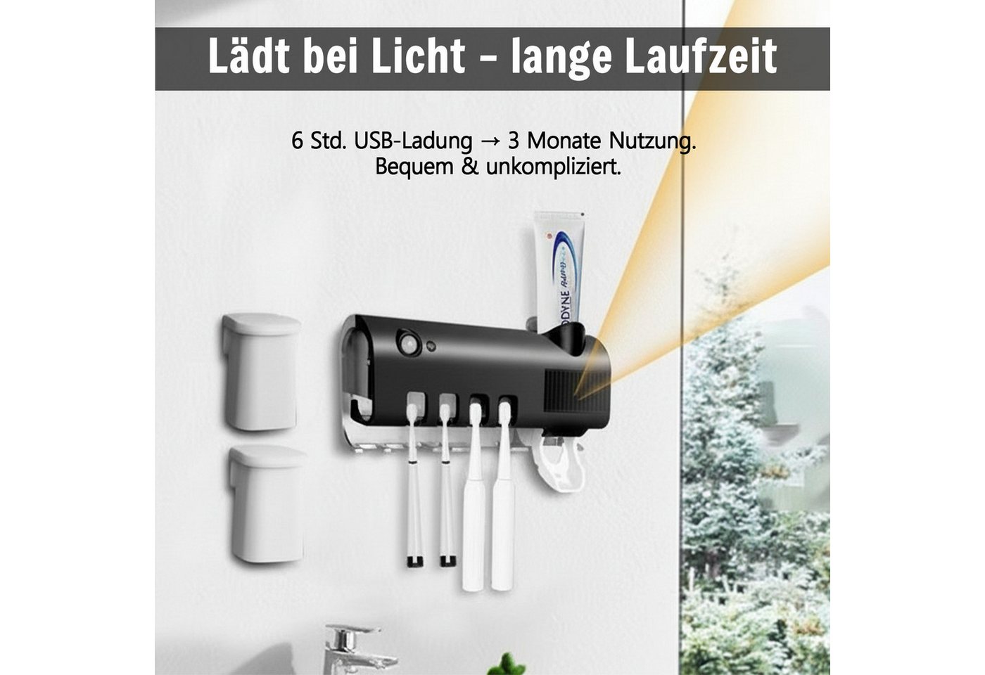 MOPUEA UV-Zahnbürstenhalter Zahnbürstenhalter mit Automatischem Zahnpastaspender UV-Sterilisation, UV-Zahnbürstenhalter mit Sterilisator und Zahnputz-Quetscher, UV-Desinfektion, Solar- &USB-Ladung, Bewegungssensor, einfache Montage, 99,99% Bakterienabtötung, kabellos, feuchtigkeitsbeständig Bild 2
