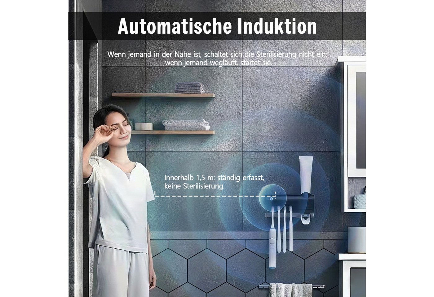 MOPUEA UV-Zahnbürstenhalter Zahnbürstenhalter mit Automatischem Zahnpastaspender UV-Sterilisation, UV-Zahnbürstenhalter mit Sterilisator und Zahnputz-Quetscher, UV-Desinfektion, Solar- &USB-Ladung, Bewegungssensor, einfache Montage, 99,99% Bakterienabtötung, kabellos, feuchtigkeitsbeständig Bild 3
