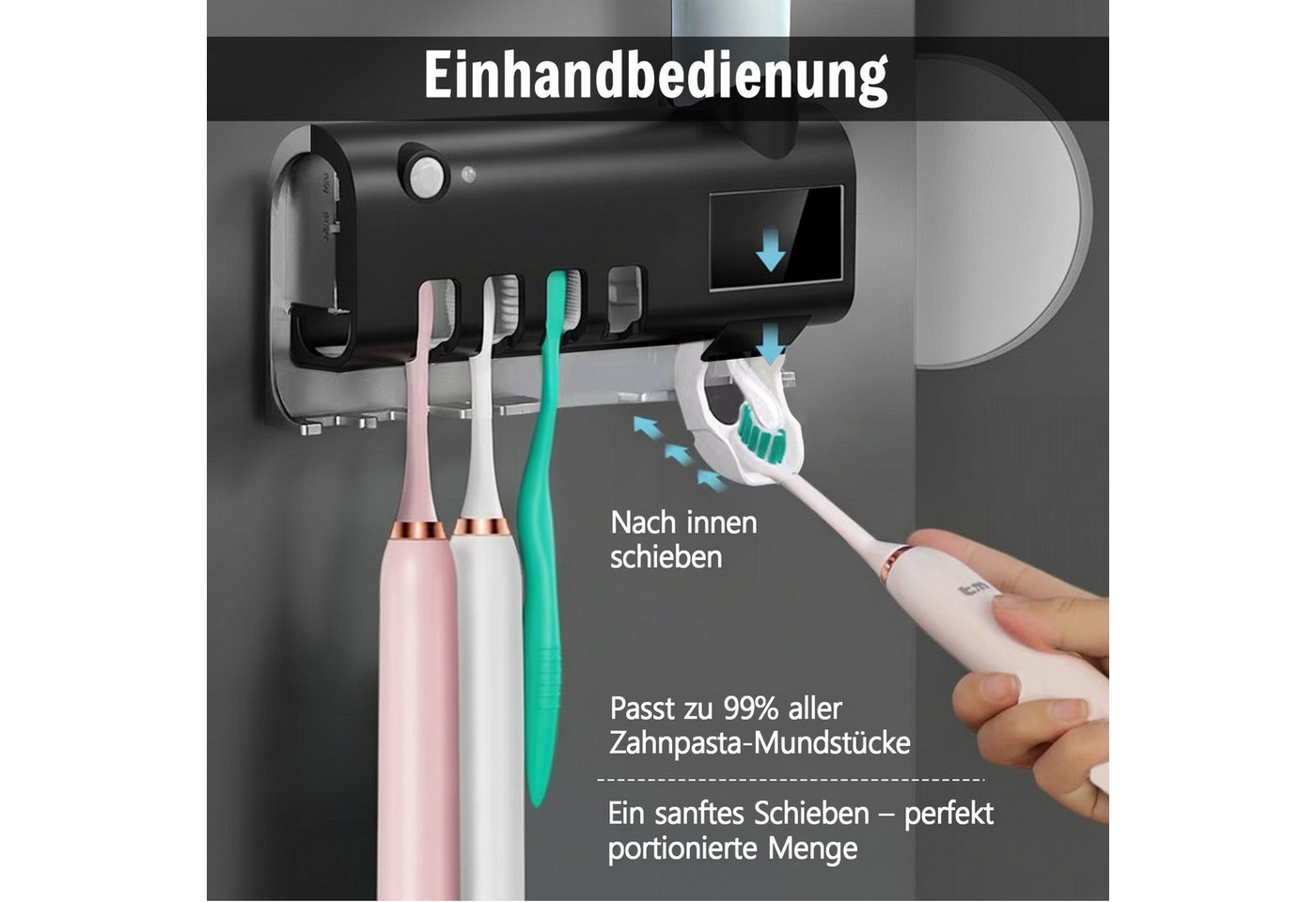 MOPUEA UV-Zahnbürstenhalter Zahnbürstenhalter mit Automatischem Zahnpastaspender UV-Sterilisation, UV-Zahnbürstenhalter mit Sterilisator und Zahnputz-Quetscher, UV-Desinfektion, Solar- &USB-Ladung, Bewegungssensor, einfache Montage, 99,99% Bakterienabtötung, kabellos, feuchtigkeitsbeständig Bild 4