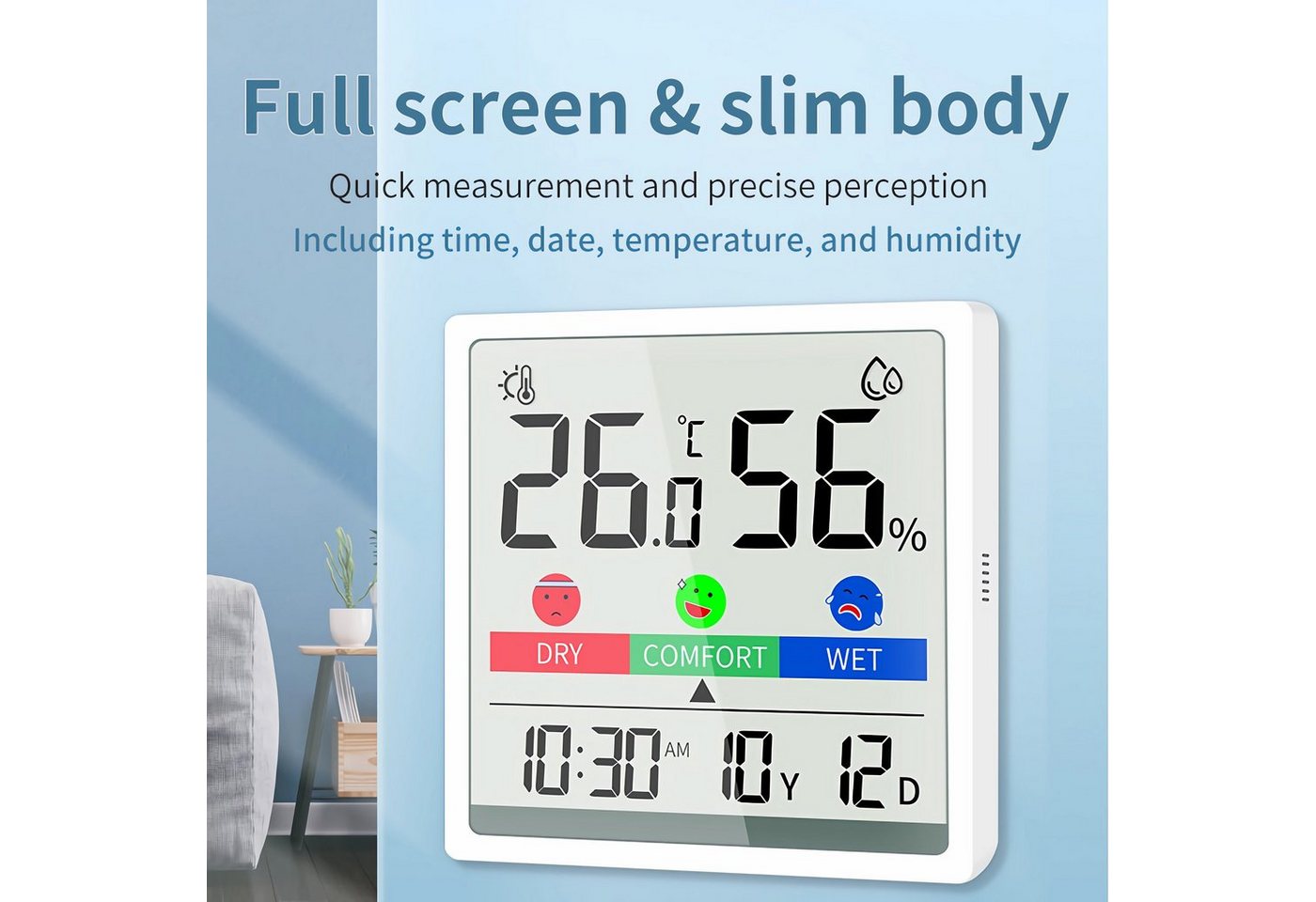 Bolwins Raumthermometer H81C Digital Date Uhr Thermometer Hygrometer LCD Display Klimaanlage, Funk-Wetterstation / Digitales Thermometer & Hygrometer 1-tlg., mit LCD-Display, LCD-Display, Temperatur- & Luftfeuchtigkeitsanzeige