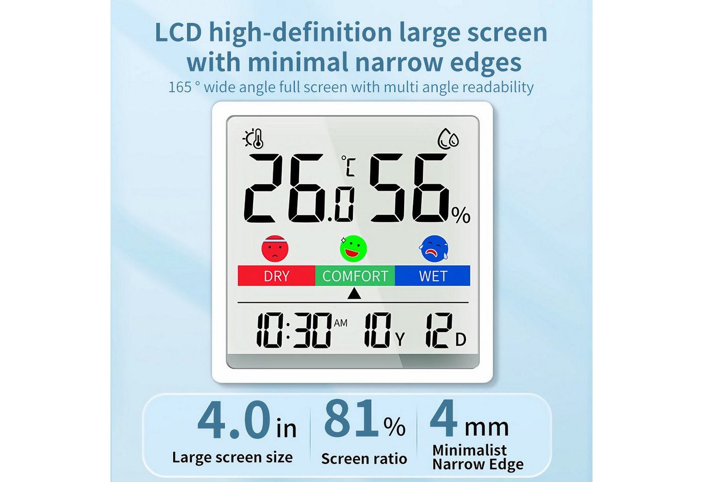 Bolwins Raumthermometer H81C Digital Date Uhr Thermometer Hygrometer LCD Display Klimaanlage, Funk-Wetterstation / Digitales Thermometer & Hygrometer 1-tlg., mit LCD-Display, LCD-Display, Temperatur- & Luftfeuchtigkeitsanzeige Bild 3
