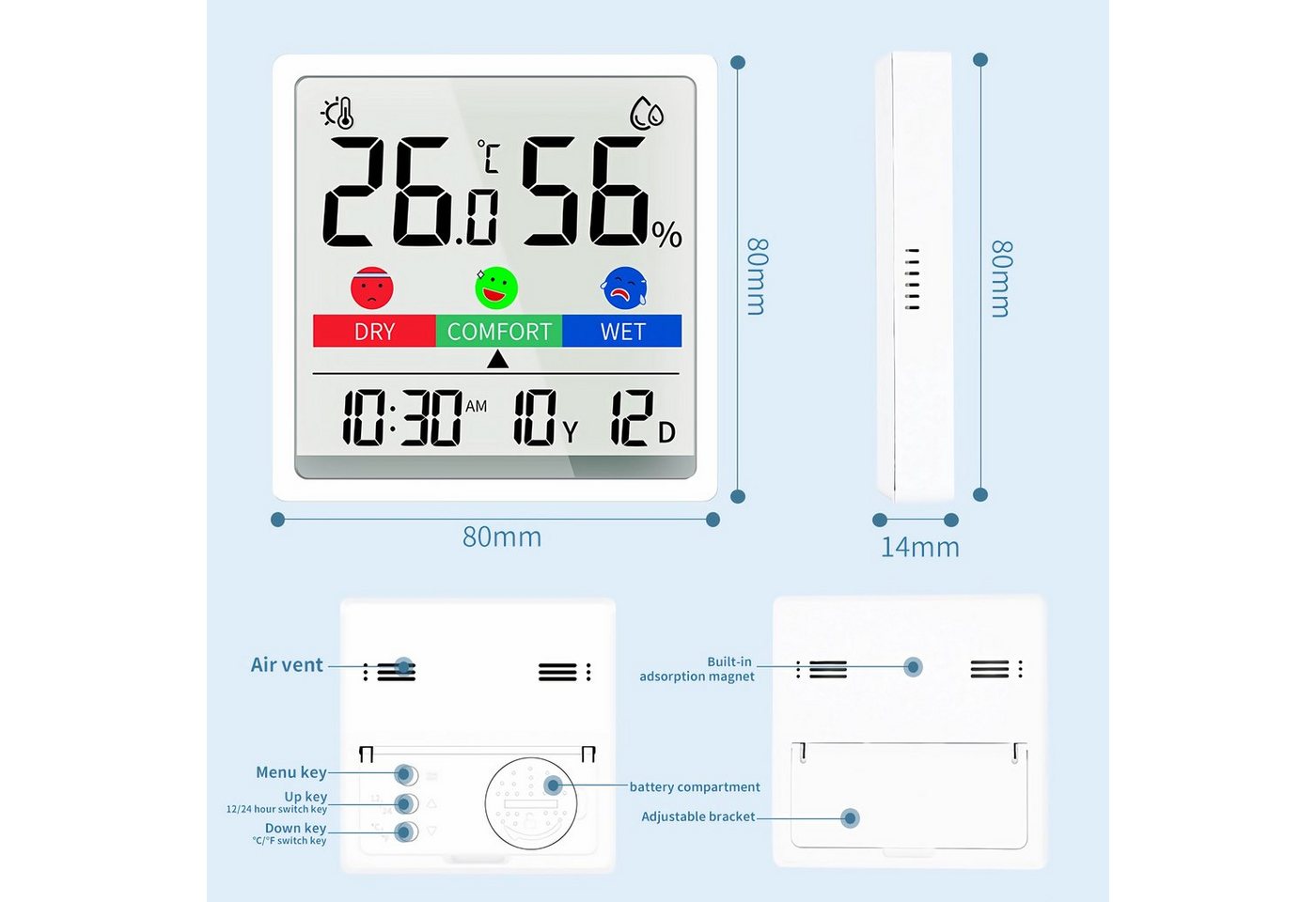 Bolwins Raumthermometer H81C Digital Date Uhr Thermometer Hygrometer LCD Display Klimaanlage, Funk-Wetterstation / Digitales Thermometer & Hygrometer 1-tlg., mit LCD-Display, LCD-Display, Temperatur- & Luftfeuchtigkeitsanzeige Bild 4