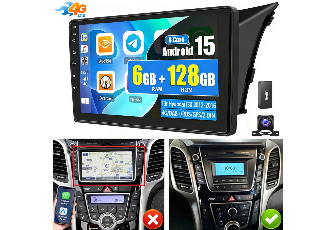 ESSGOO DAB+ 6+128G 8Core Android 15 Autoradio Carplay Für Hyundai i30 2012-16 Autoradio (RDS, Digitalradio (DAB), FM, AM, 6+128G, Carplay Android Auto Bluetooth EQ USB GPS Navi WIFI Touchscreen) Bild 2
