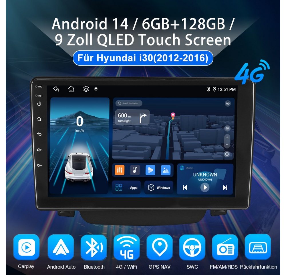 ESSGOO DAB+ 6+128G 8Core Android 15 Autoradio Carplay Für Hyundai i30 2012-16 Autoradio (RDS, Digitalradio (DAB), FM, AM, 6+128G, Carplay Android Auto Bluetooth EQ USB GPS Navi WIFI Touchscreen) Bild 3