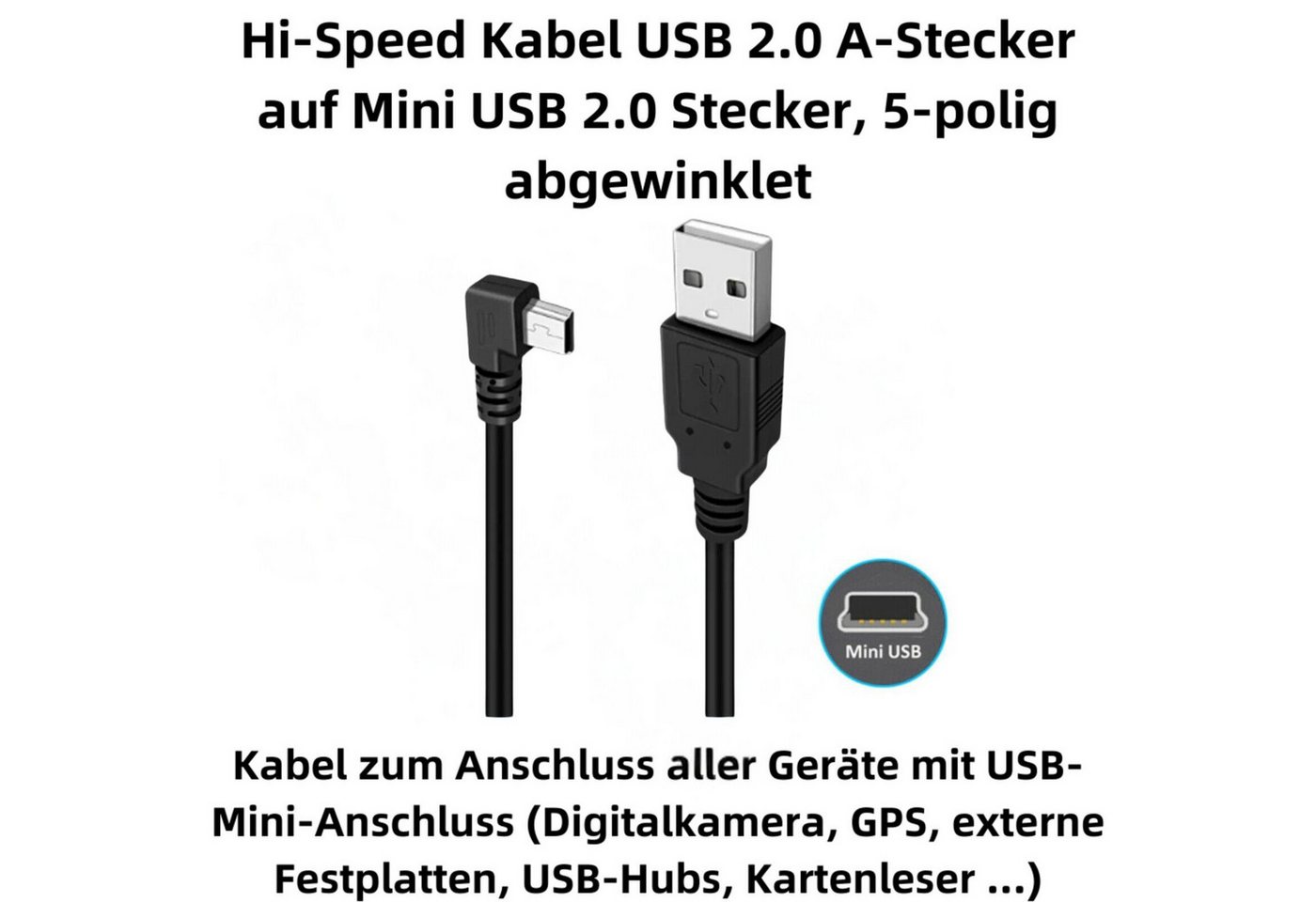 Bolwins J27 USB 2.0 A zu Mini USB Kabel Adapter 100cm für Dashcam GPS Navi mp3 USB-Kabel, USB 2.0 Typ-A Stecker, Mini-USB 5-Pin Stecker (90° links abgewinkelt), Keine Kupplung (100 cm), 90° links abgewinkelter Stecker, Laden und Datenübertragung, 100 cm