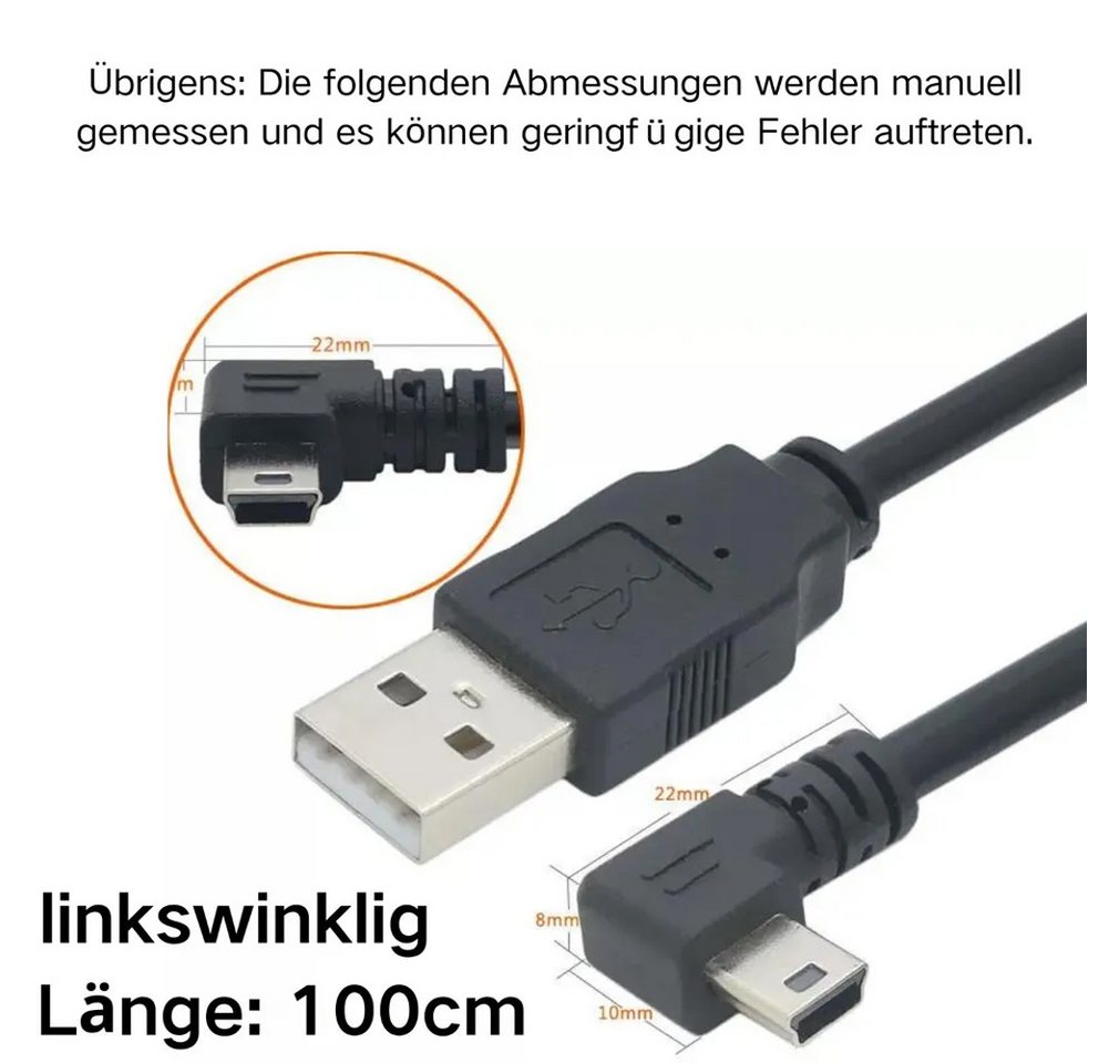 Bolwins J27 USB 2.0 A zu Mini USB Kabel Adapter 100cm für Dashcam GPS Navi mp3 USB-Kabel, USB 2.0 Typ-A Stecker, Mini-USB 5-Pin Stecker (90° links abgewinkelt), Keine Kupplung (100 cm), 90° links abgewinkelter Stecker, Laden und Datenübertragung, 100 cm Bild 2