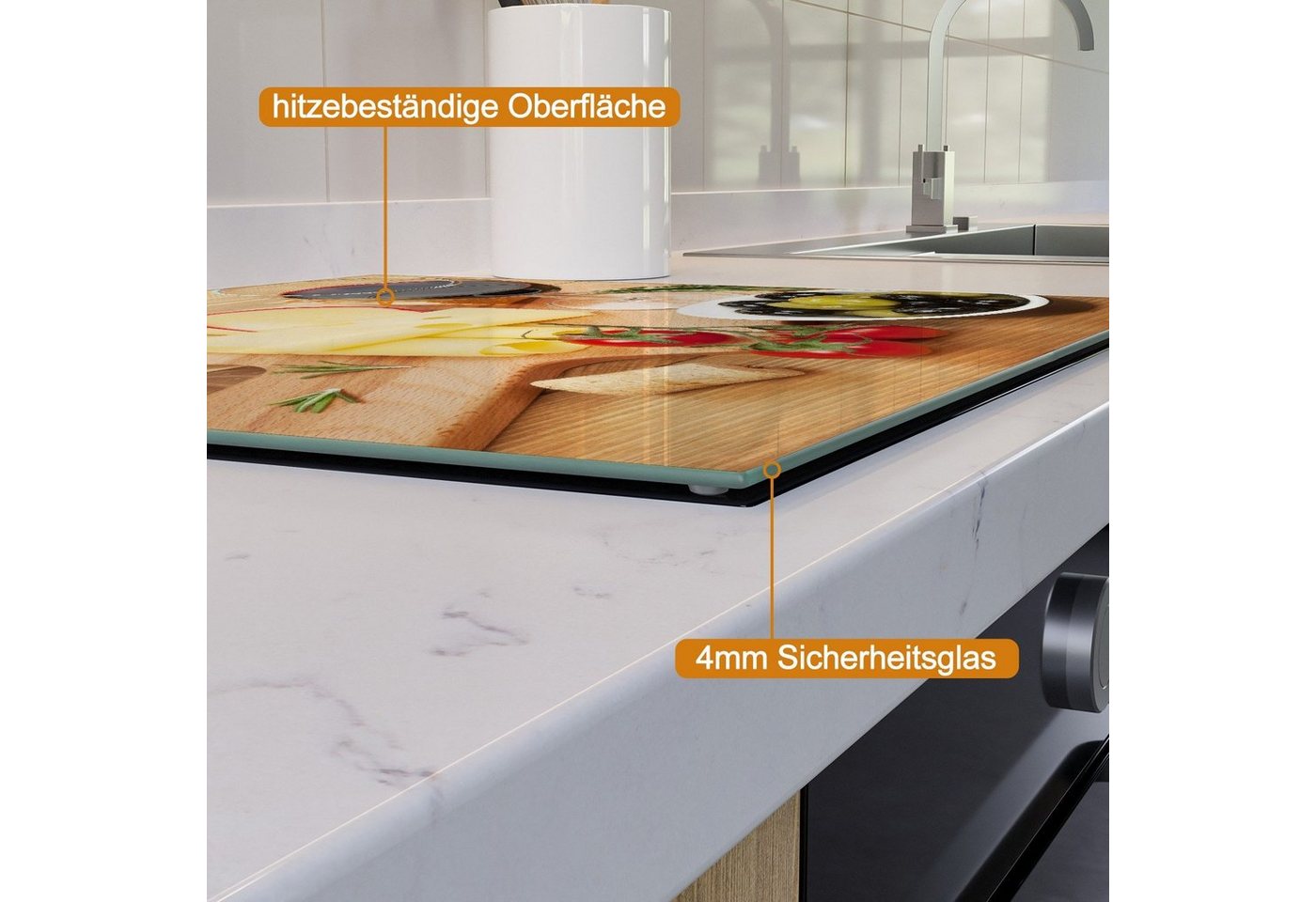Wallario Herd-Abdeckplatte Genuss am Abend - Rotwein, Käseplatte, Oliven und Tomaten, ESG-Sicherheitsglas, (Glasplatte, 1 tlg., inkl. 5mm Noppen), verschiedene Größen Bild 5