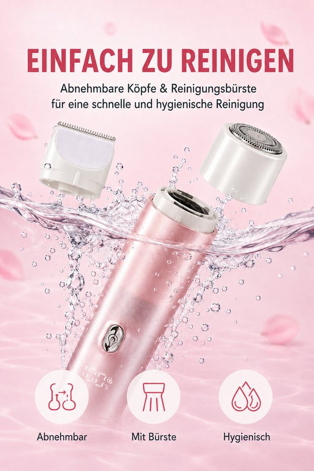 Fyrove Körper- und Bikinitrimmer 2-in-1 Damen, Trimmer + Folienrasierer, USB-C, LED, 5 Aufsätze, Rosa Bild 2